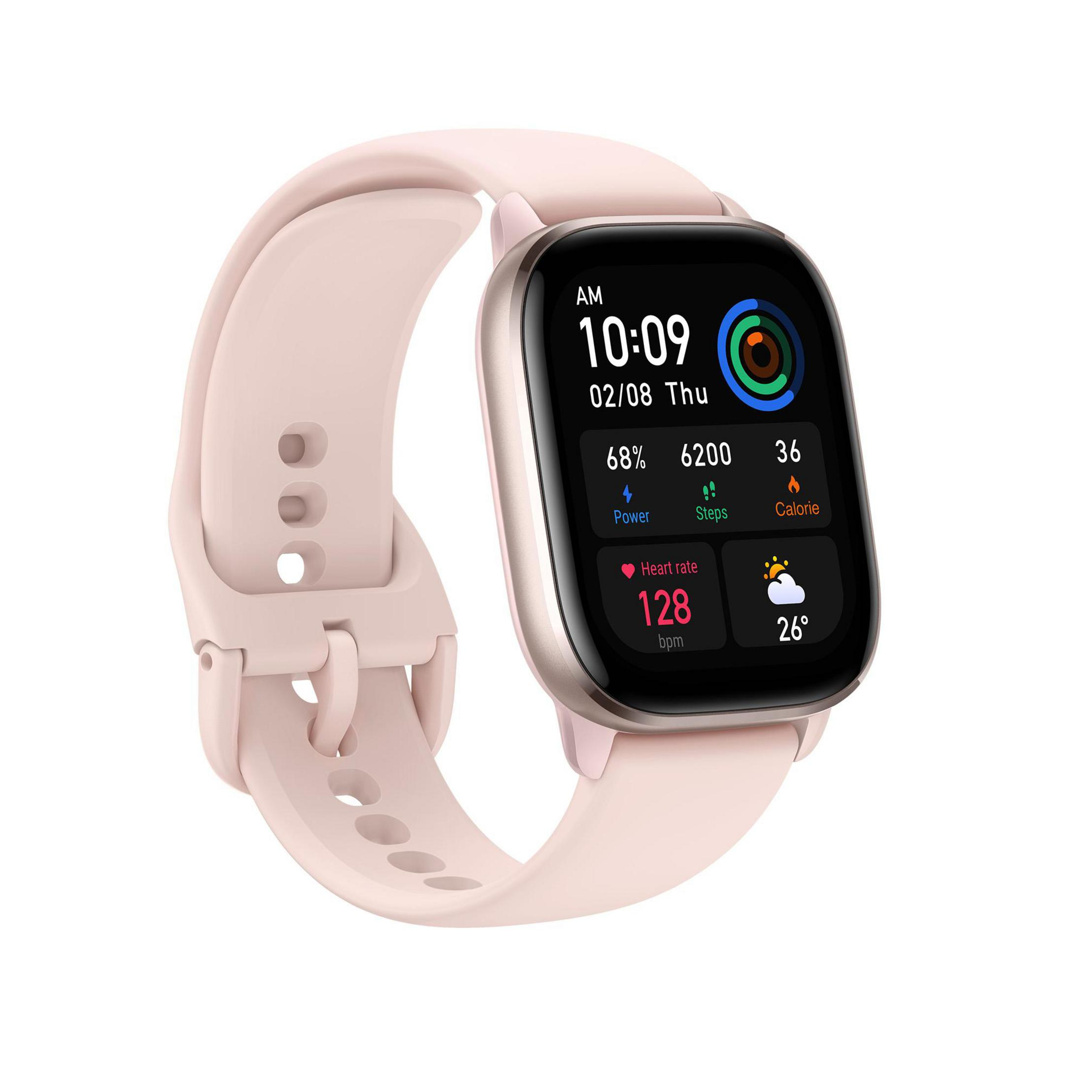 Uno smartwatch rosa con cinturino rosa chiaro. Mostra l'ora, i passi e la frequenza cardiaca.