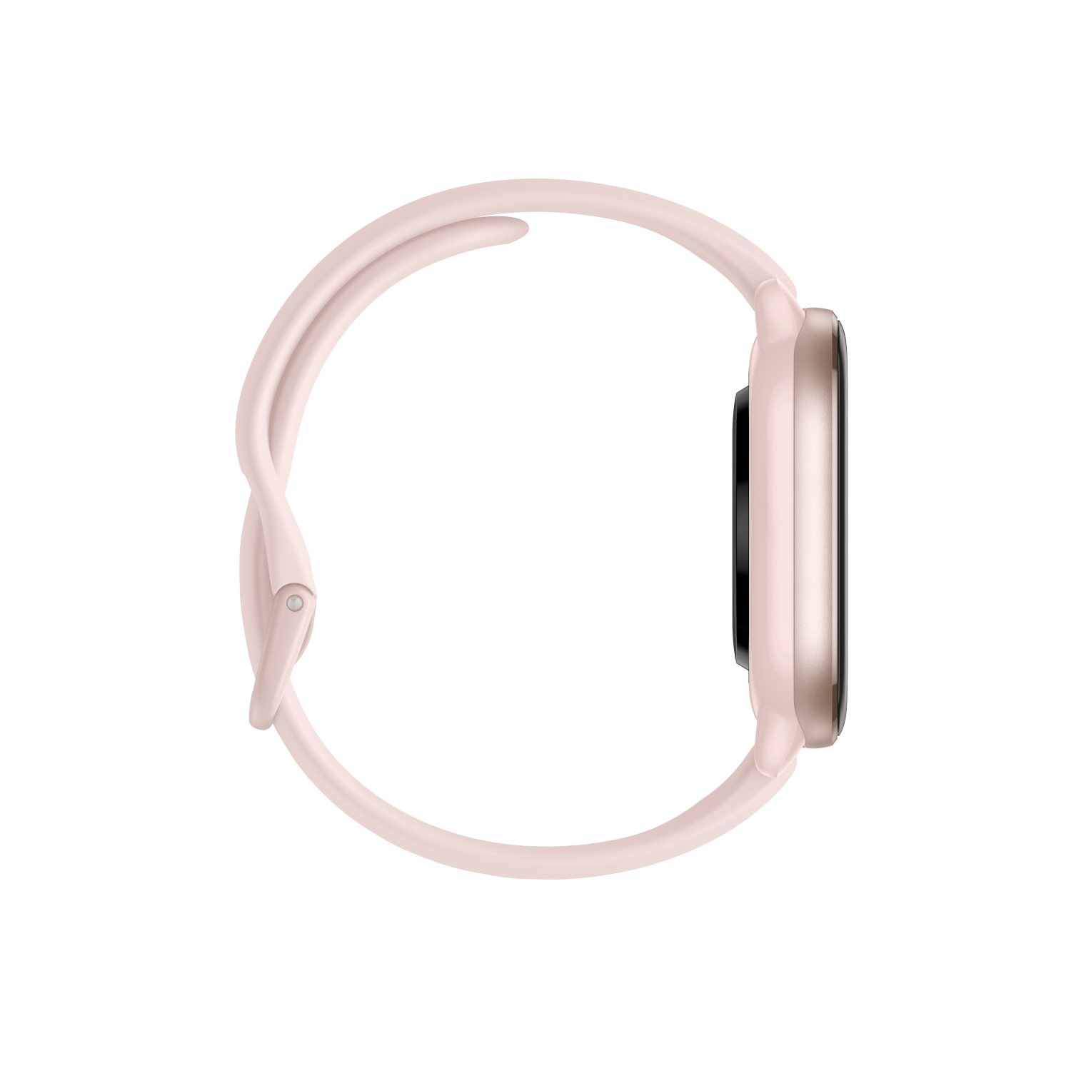 Smartwatch rosa, vista laterale. Cinturino e quadrante rosa chiaro su sfondo nero.