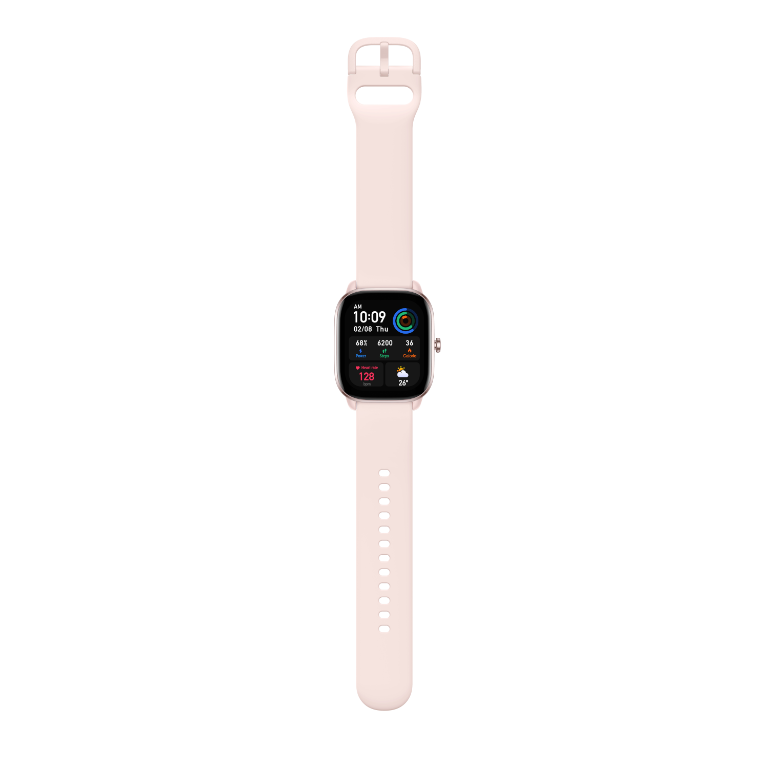 Smartwatch rosa su sfondo nero. Mostra ora, statistiche. Cinturino rosa, schermo quadrato.