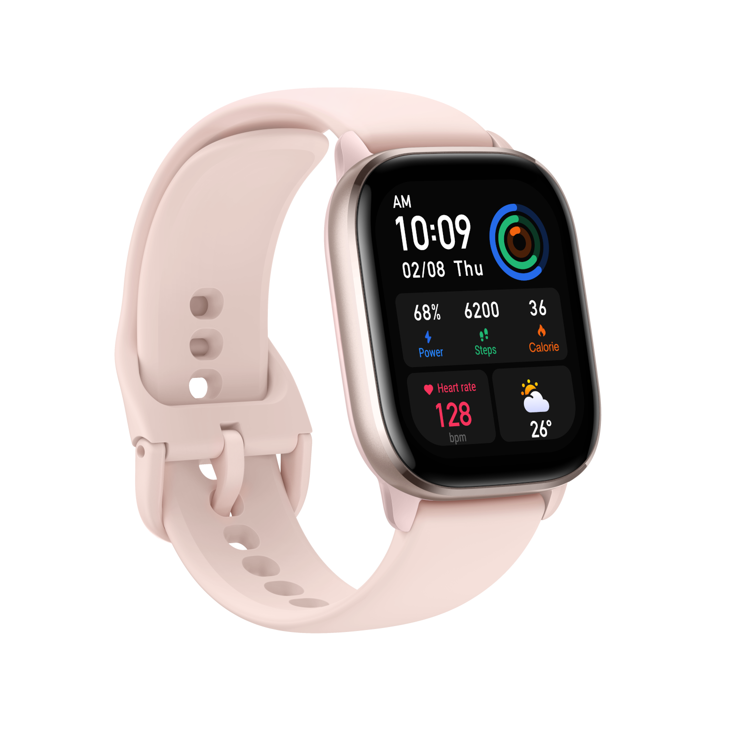 Uno smartwatch con cinturino rosa che mostra ora, passi, frequenza cardiaca e calorie.