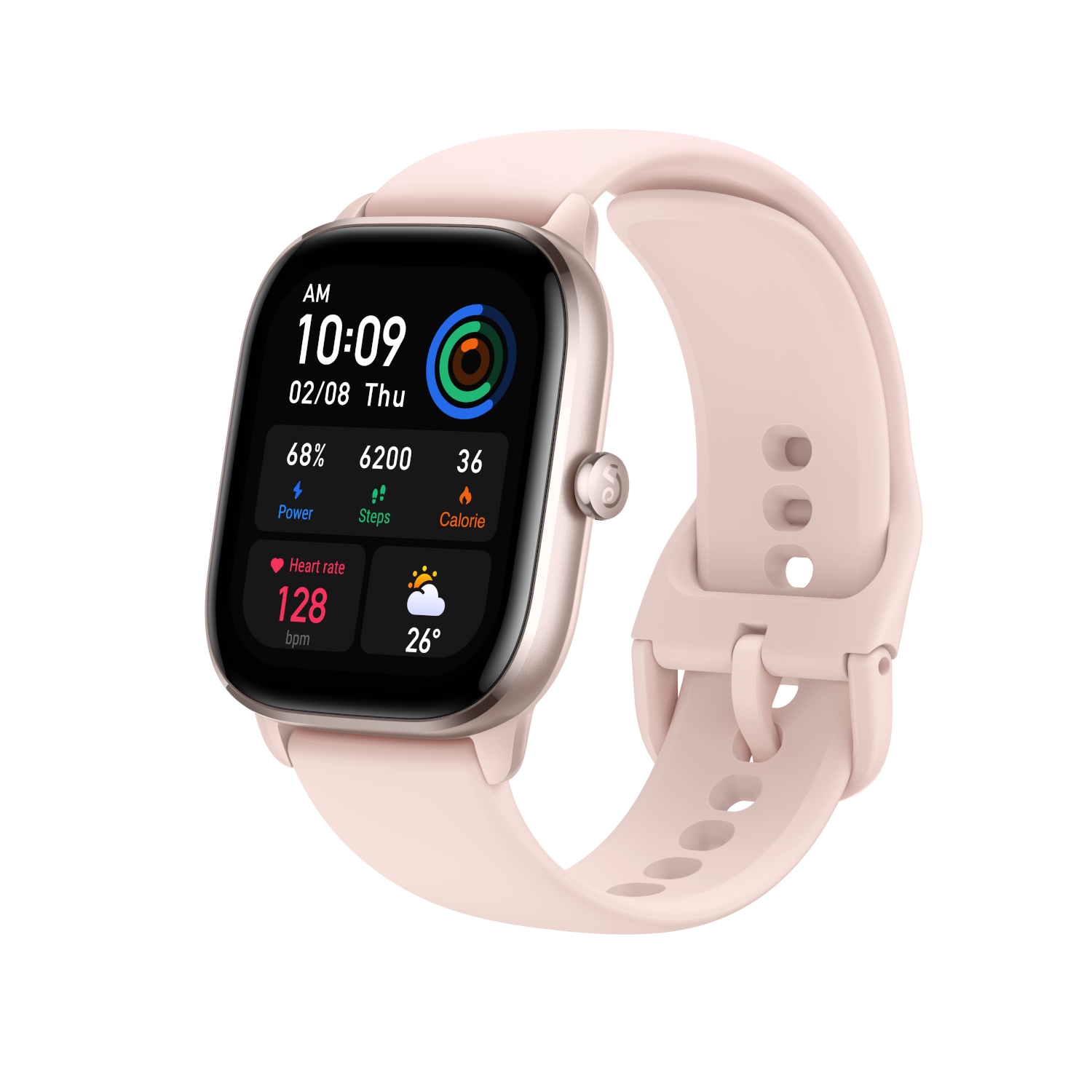 Uno smartwatch con cinturino rosa. Lo schermo mostra l'ora, la frequenza cardiaca e altri dati.