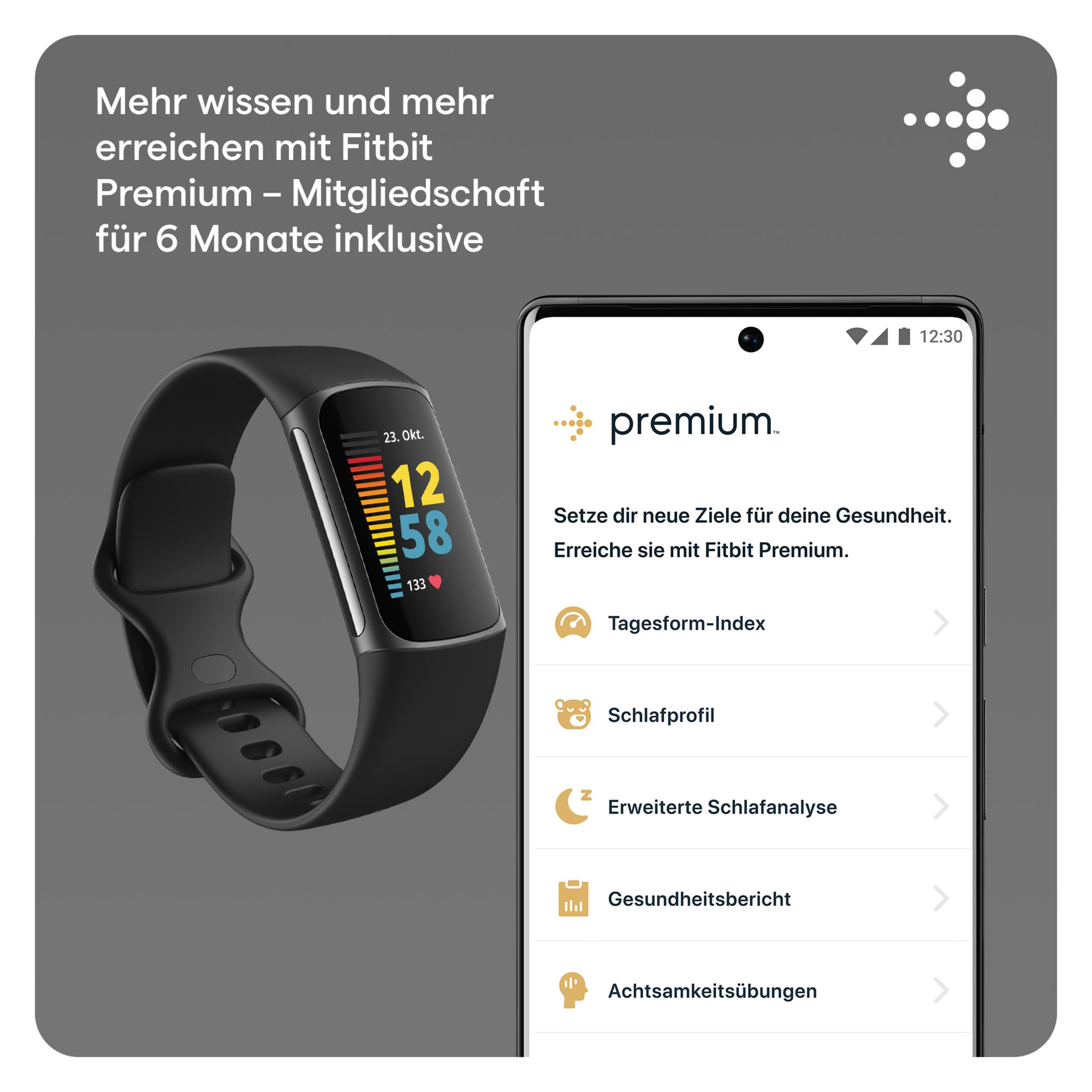 Schwarzer Fitnesstracker und Telefon mit Fitbit Premium-Funktionen.