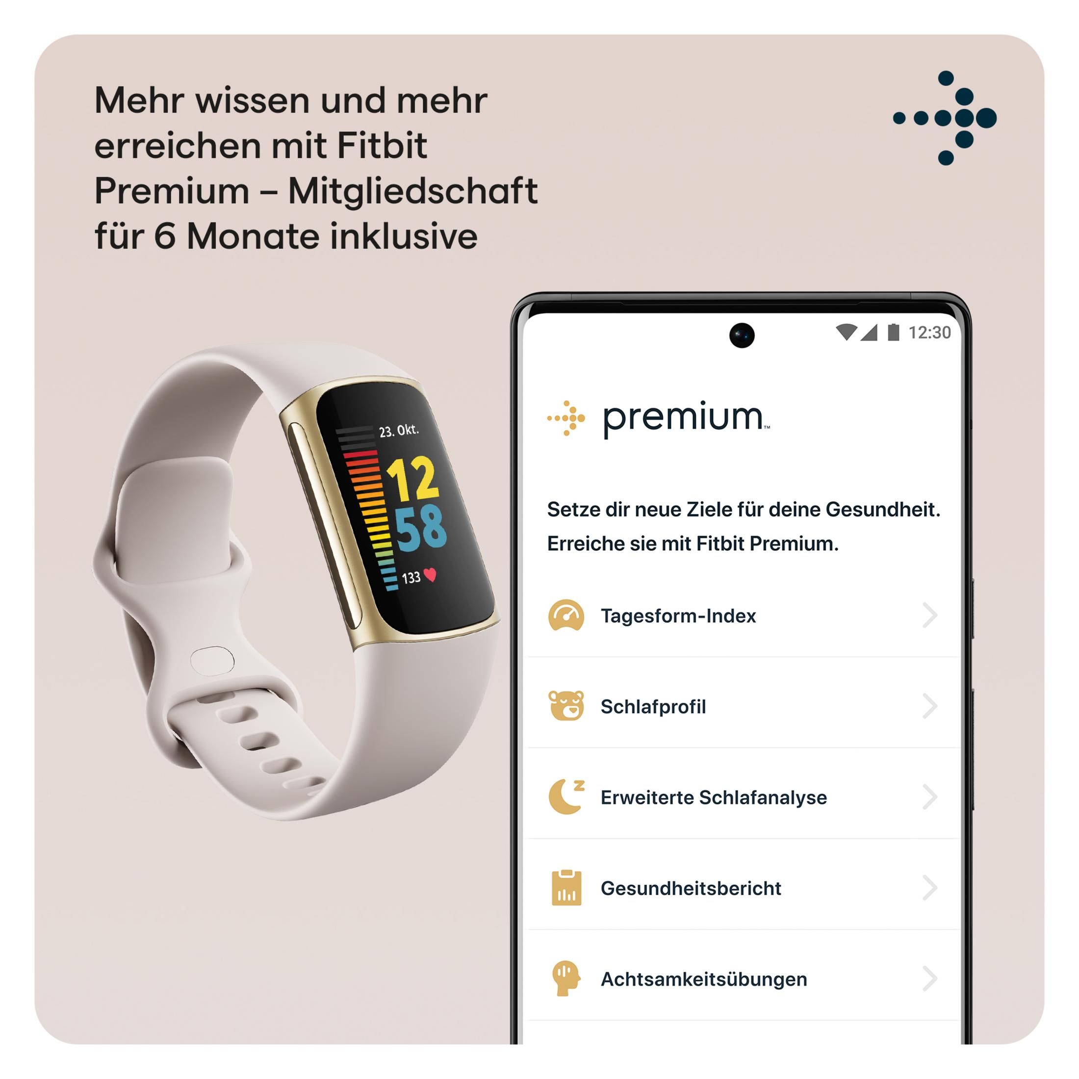 Eine Smartwatch und ein Telefon, das Fitbit Premium-Funktionen anzeigt, Text auf Deutsch.