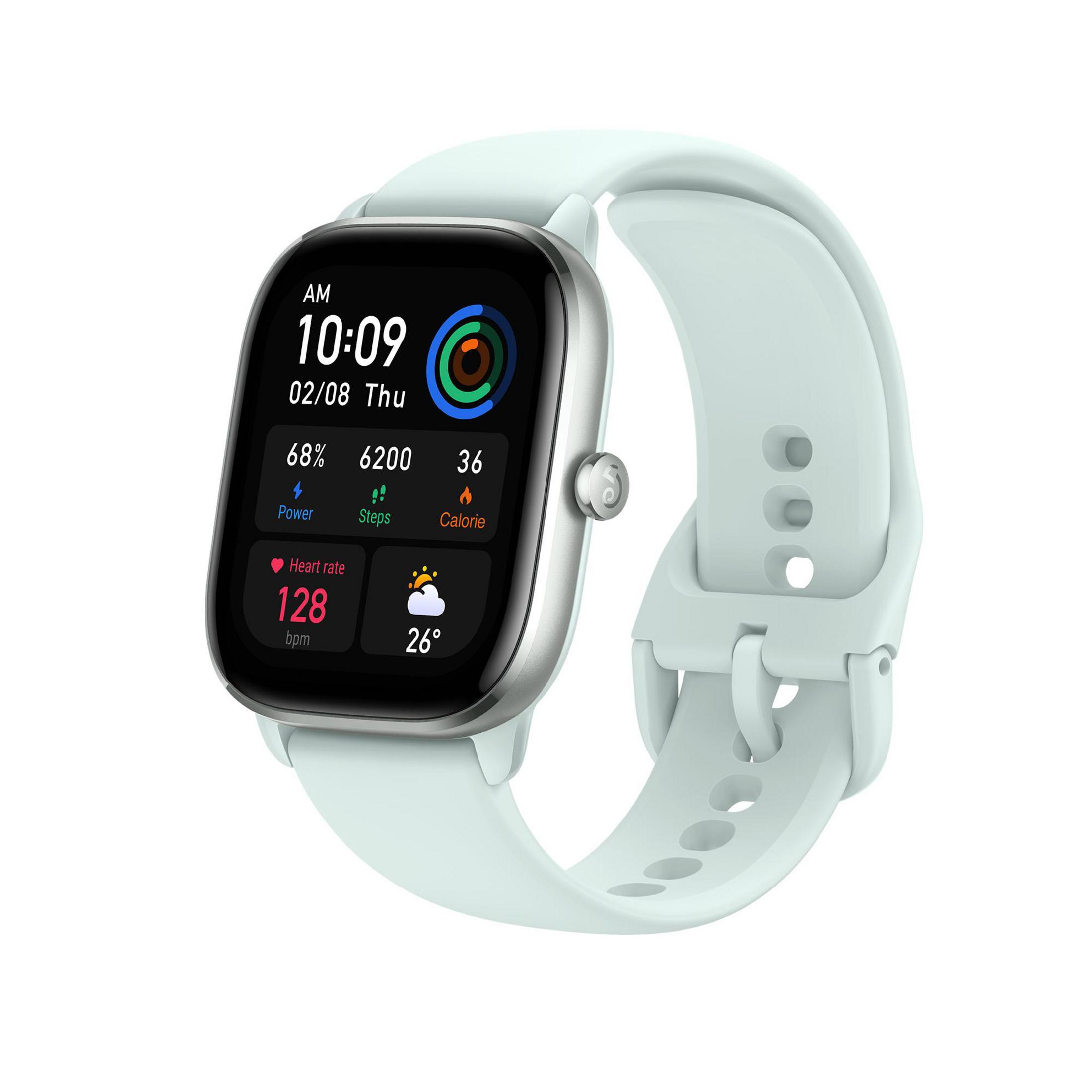 Hellblaue Smartwatch mit digitalem Display, das Zeit, Statistiken und Gesundheitsmetriken anzeigt.