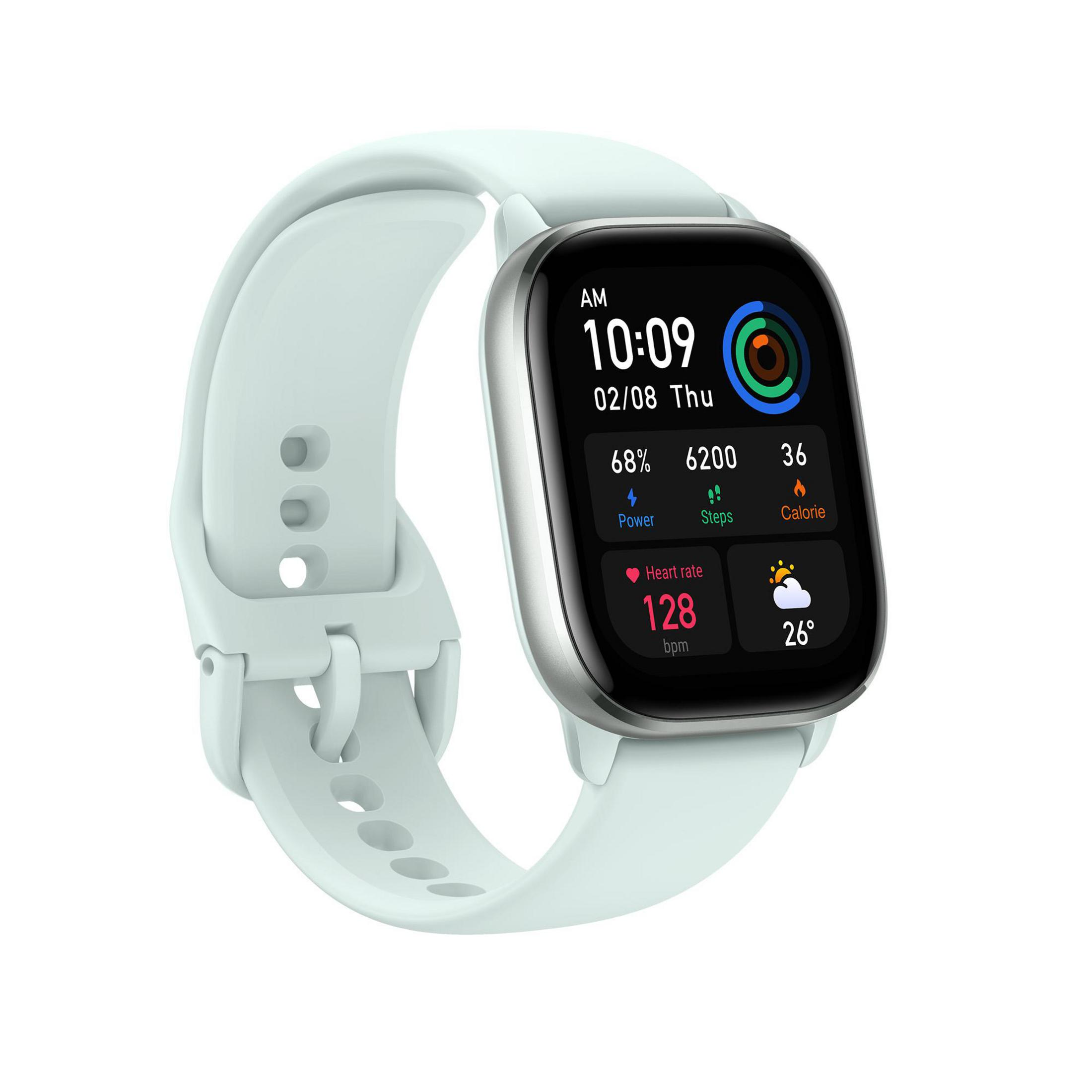 Eine hellblaue Smartwatch mit weißem Band zeigt Uhrzeit, Schritte, Herzfrequenz, Kalorien und Leistung.