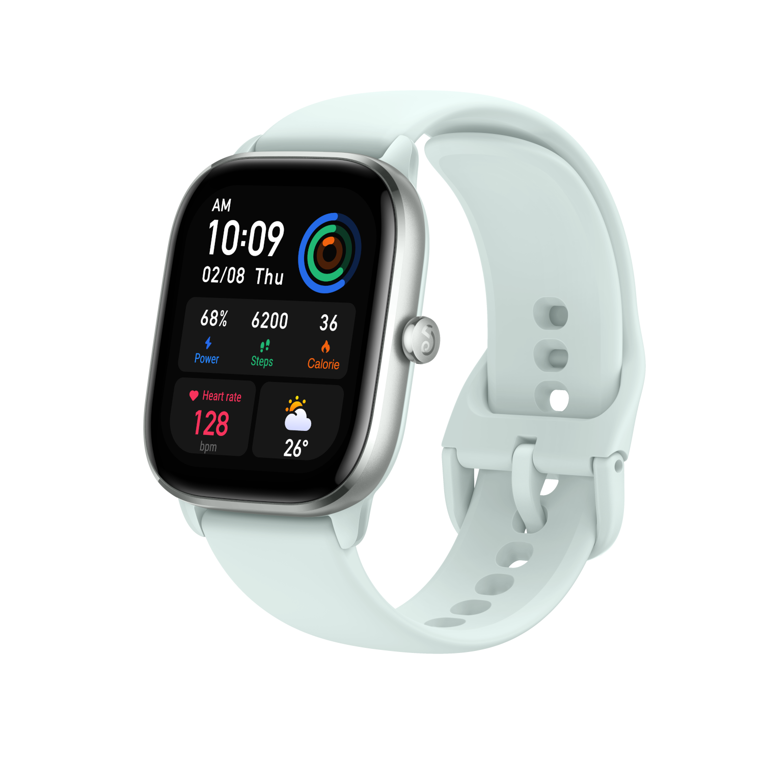 Smartwatch mit hellblauem Armband. Das Display zeigt Uhrzeit, Datum, Aktivitätsmetriken und Gesundheitsdaten an.