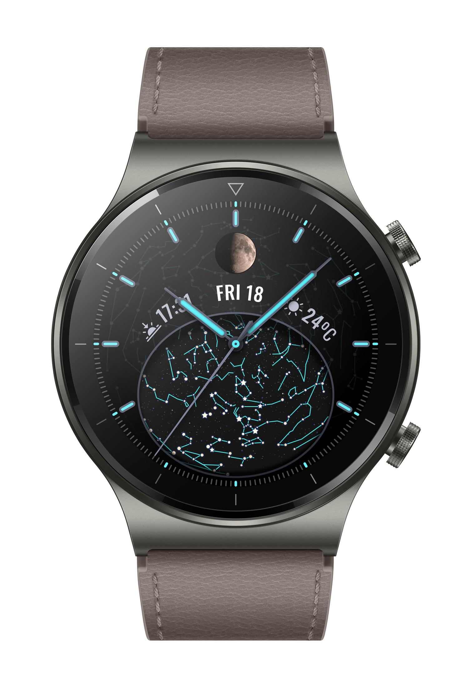 Eine runde Smartwatch mit grauem Armband, die Zeit, Datum und Sternenkonstellationen auf dem Bildschirm anzeigt.