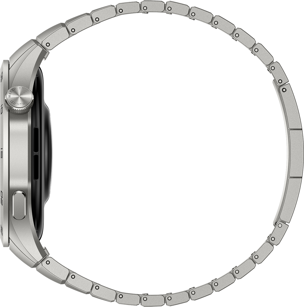 Srebrny smartwatch na czarnym tle, pokazujący profil boczny i pasek.