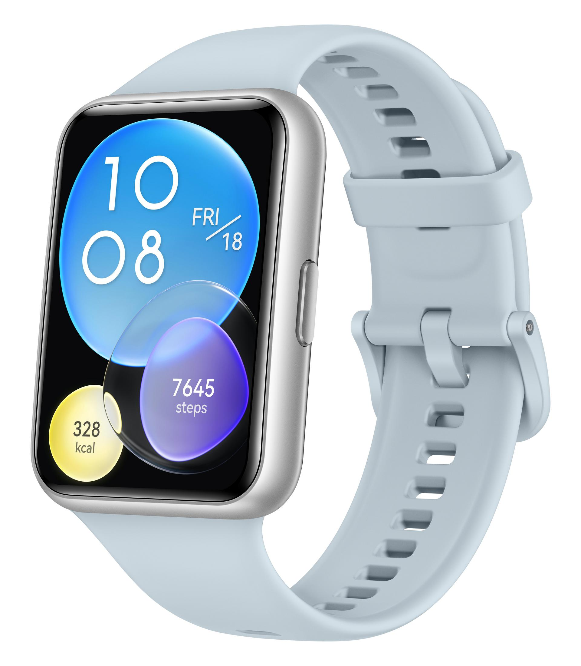 Smartwatch azzurro con schermo quadrato, mostra data, ora, passi e calorie.