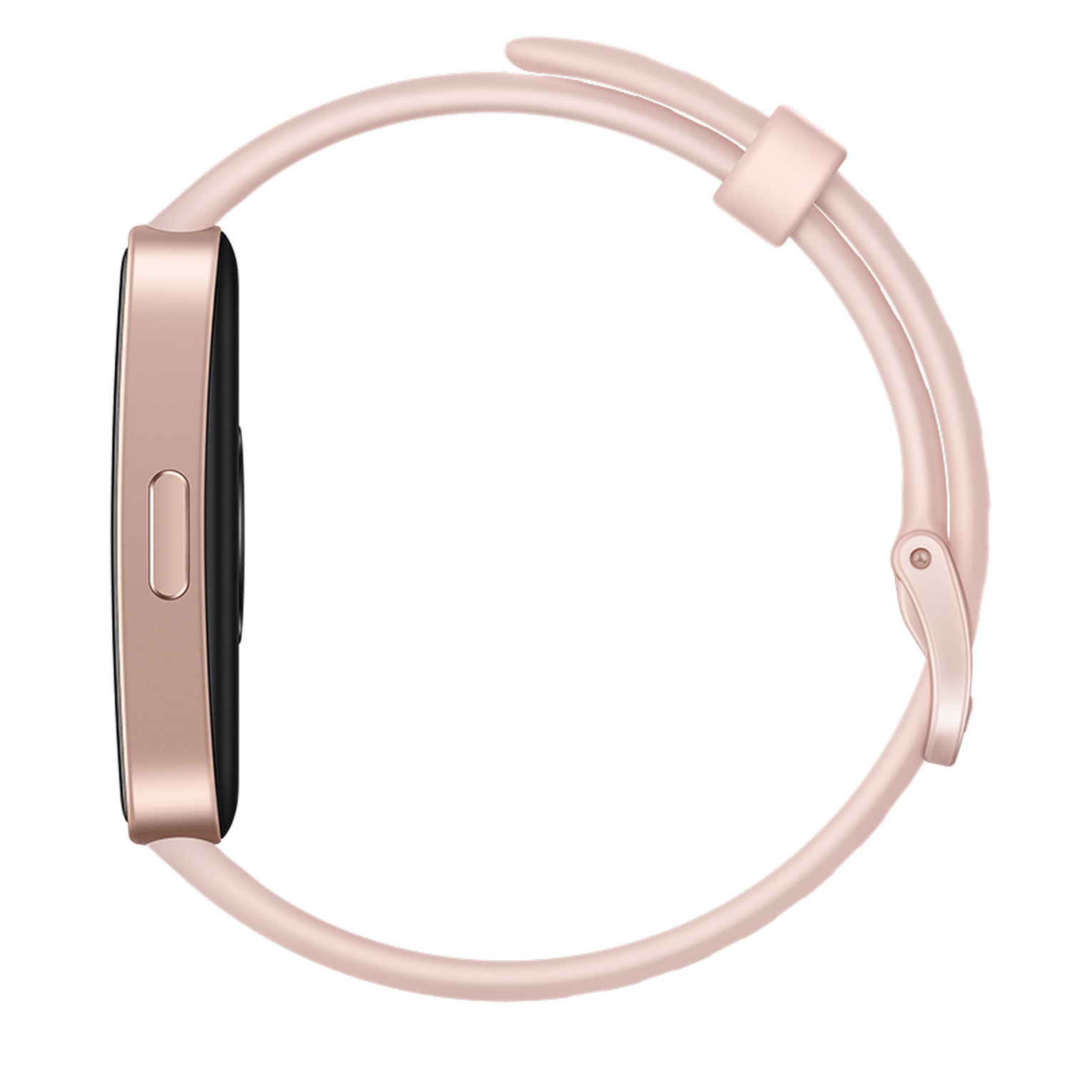 Reloj inteligente rosa con correa rosa, vista de perfil lateral.