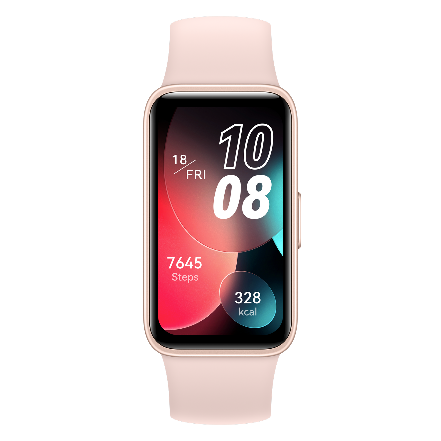 Reloj inteligente con correa rosa muestra hora, fecha y métricas de fitness sobre fondo negro.