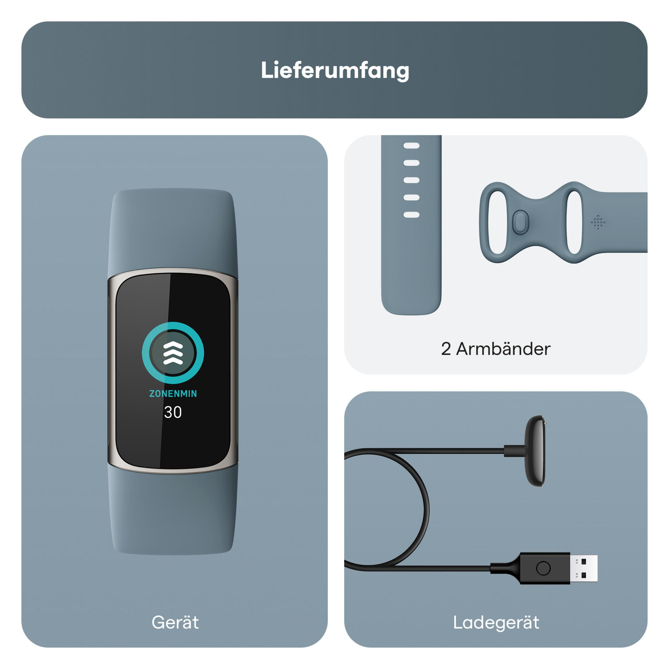 Smartwatch-Komponenten: Gerät, Ladegerät und zwei Armbänder.