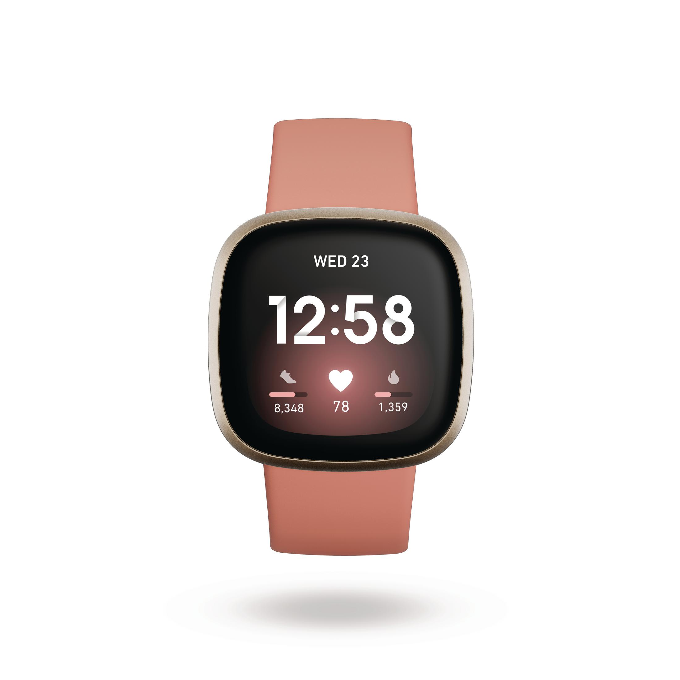 Smartwatch with a pink strap and gold case. The screen shows the time and activity data.