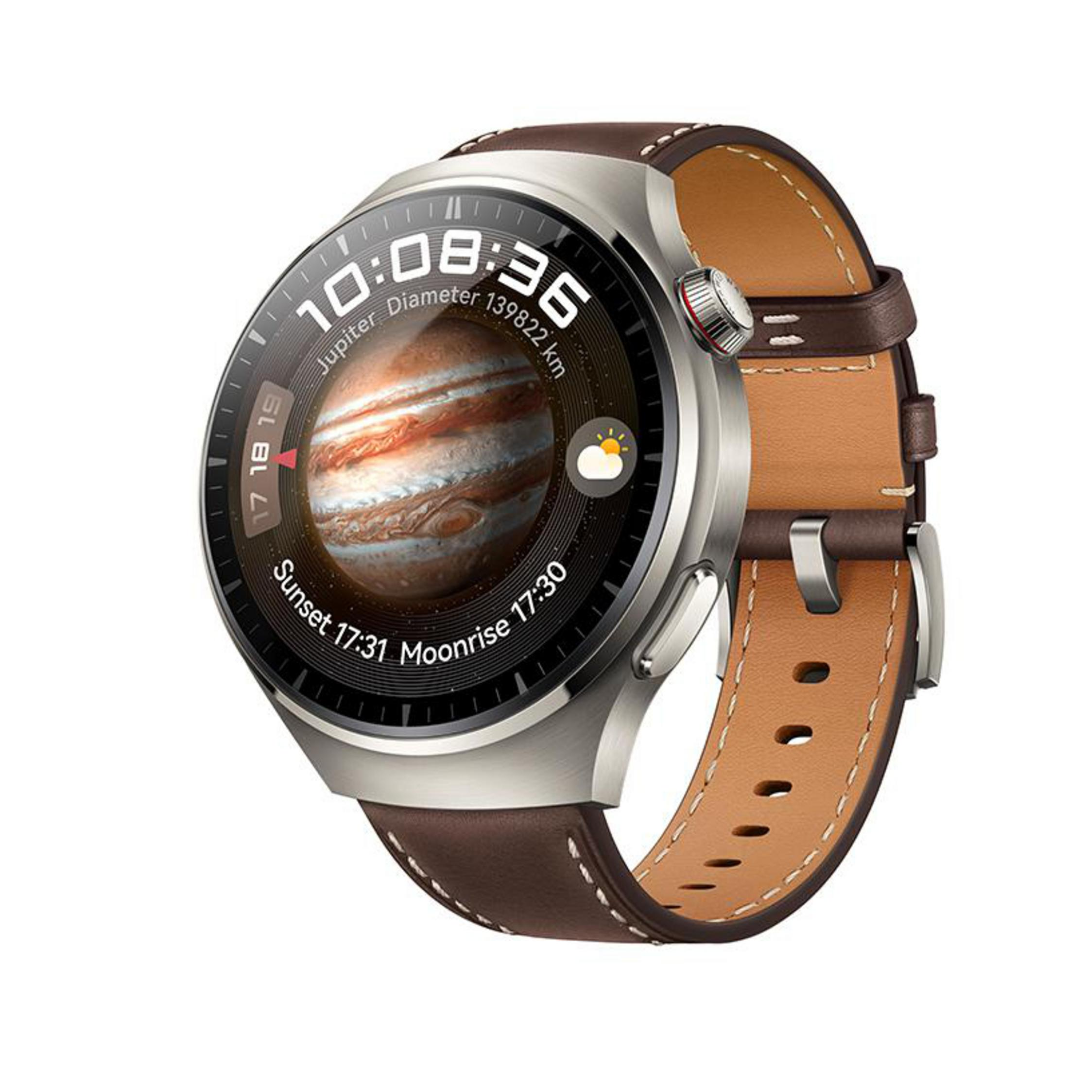 Smartwatch mit braunem Lederarmband. Der Bildschirm zeigt Zeit, Jupiterdurchmesser und Sonnenuntergangs-/Mondaufgangszeiten an.