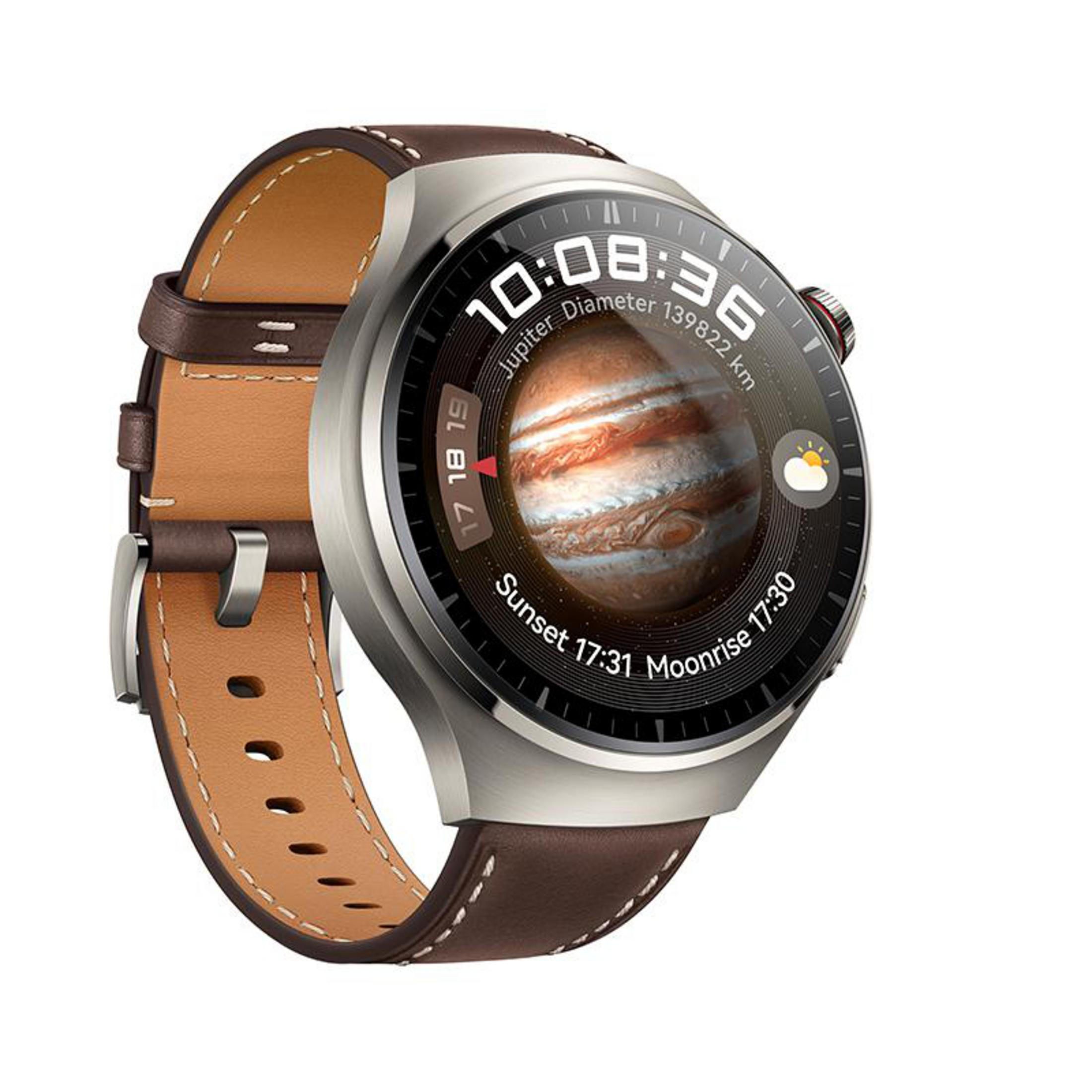 Smartwatch mit braunem Lederarmband. Es zeigt Jupiter mit Uhrzeit und Daten auf dem Bildschirm.