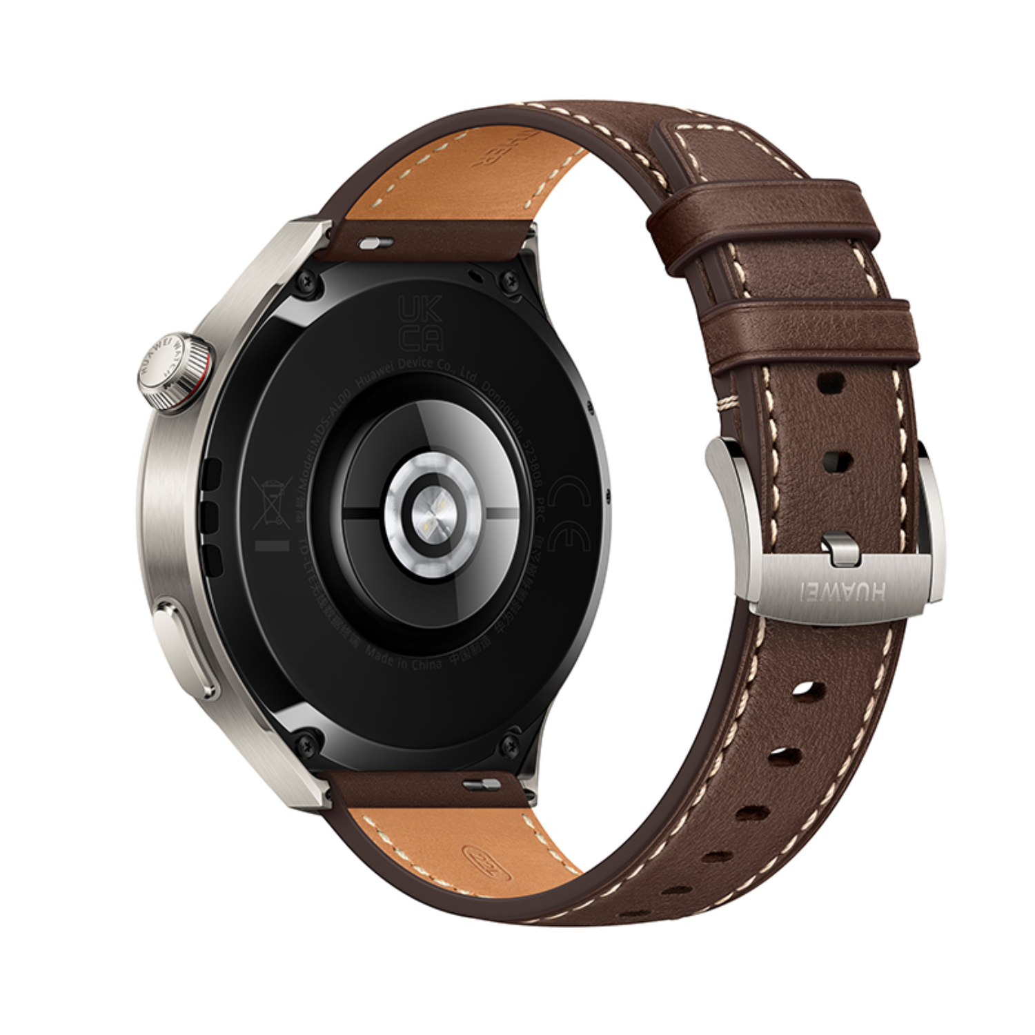 Silberne Smartwatch mit braunem Lederarmband. Die Uhr befindet sich auf weißem Hintergrund.