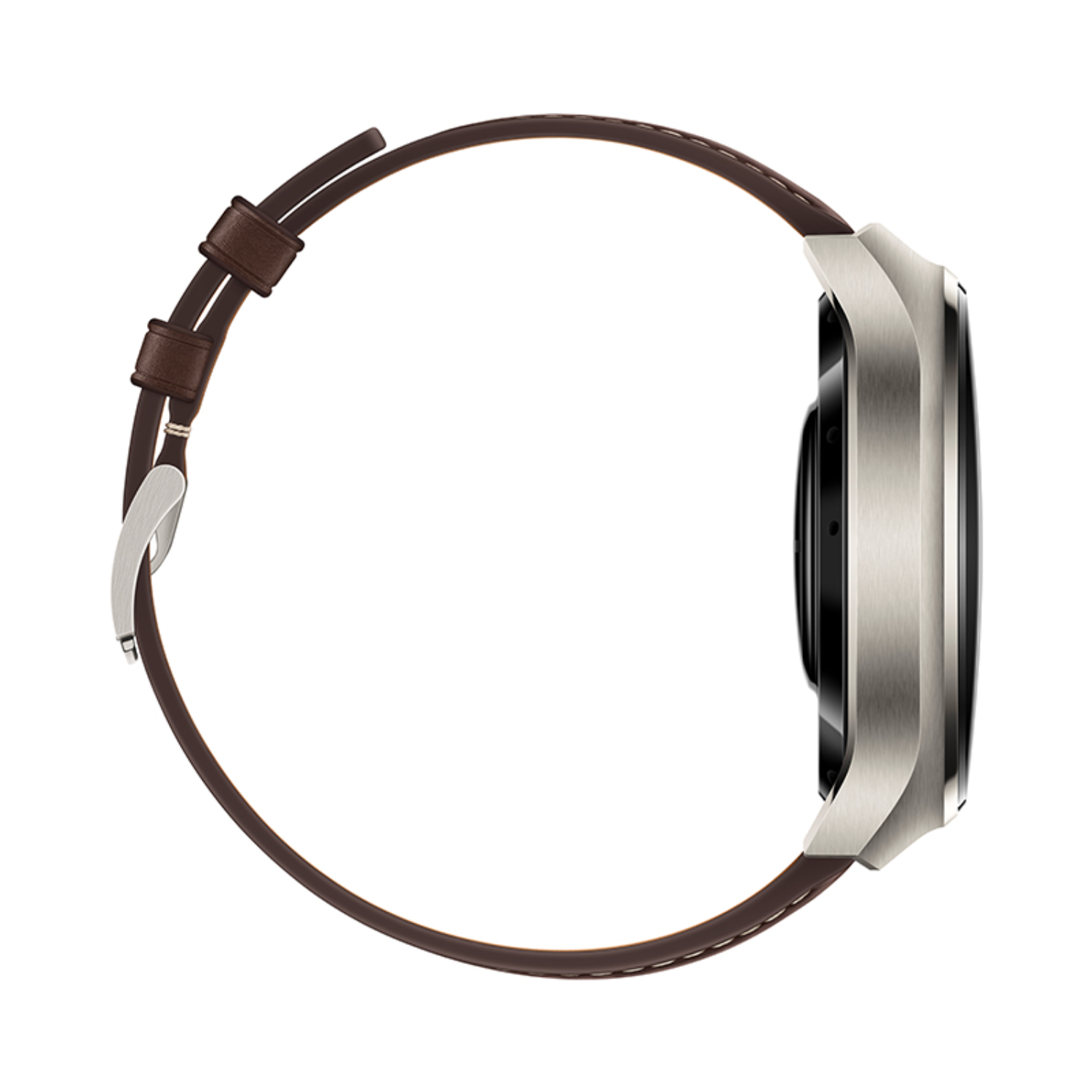Smartwatch-Seitenansicht, silbernes Gehäuse, braunes Lederarmband, weißer Hintergrund.