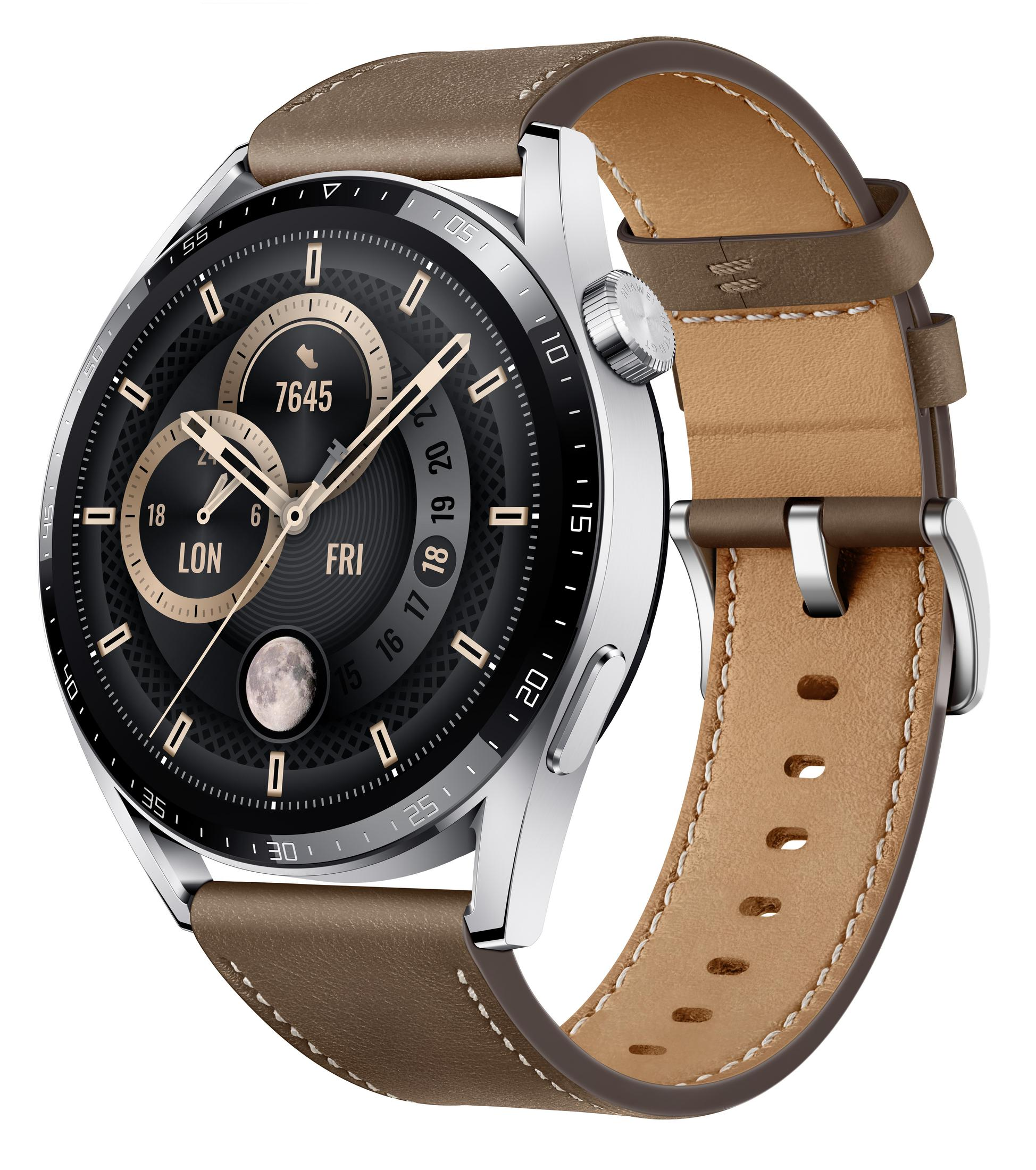 Eine Smartwatch mit braunem Lederarmband. Das Zifferblatt zeigt Zeit, Datum und andere Details an.