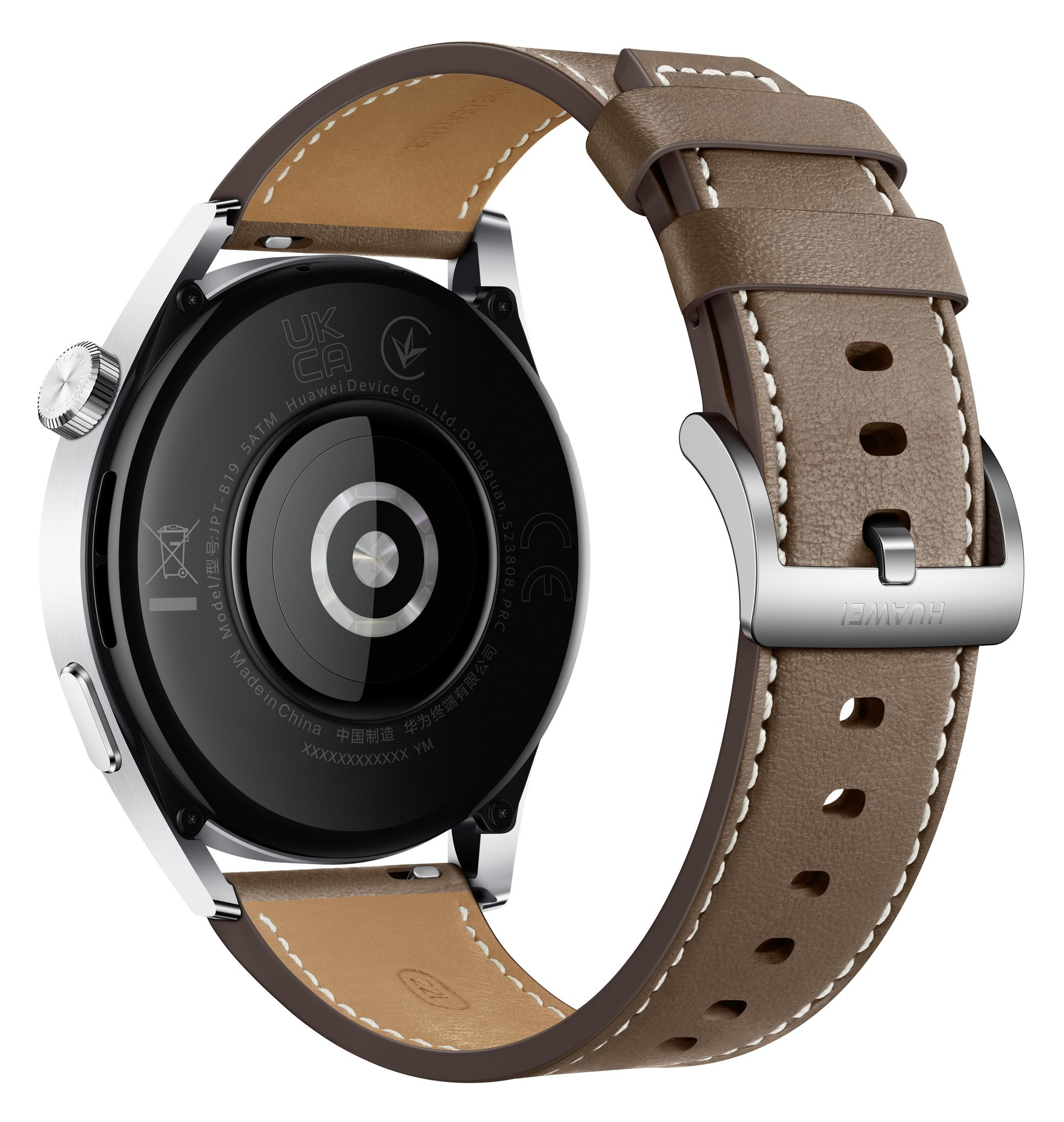 Die Rückseite einer Smartwatch mit braunem Lederarmband und silberner Schließe.