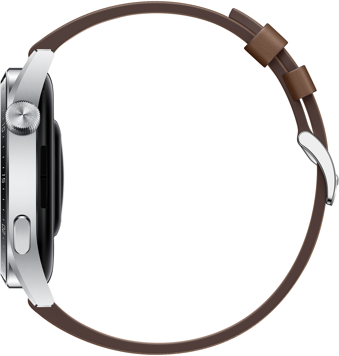 Seitenansicht einer silbernen Smartwatch mit braunem Lederarmband. Der Hintergrund ist weiß.