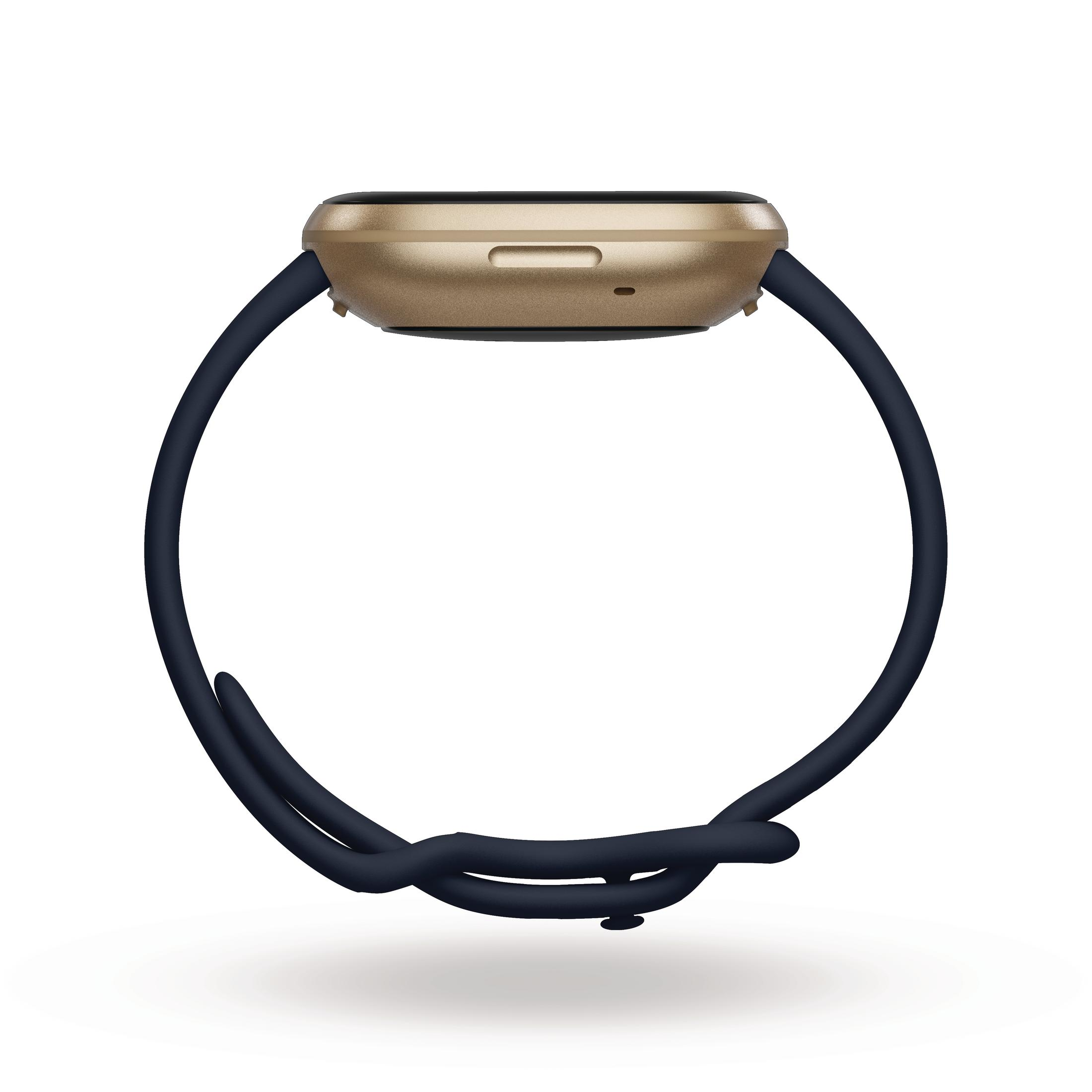Eine goldene Smartwatch mit marineblauem Armband, von der Seite betrachtet, mit weißem Hintergrund.