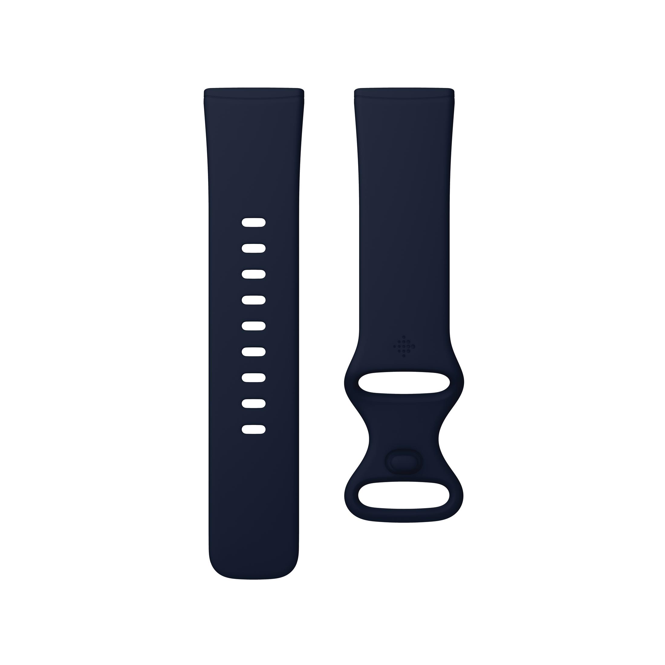 Zwei marineblaue Fitbit-Armbänder auf weißem Hintergrund.