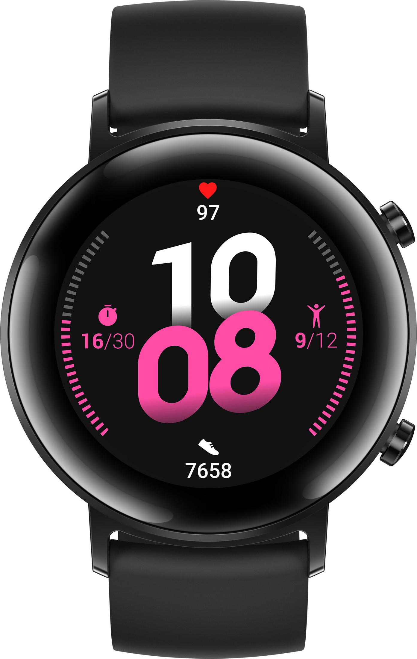 Schwarze Smartwatch mit rundem Bildschirm, zeigt Zeit, Herzfrequenz und Aktivität.