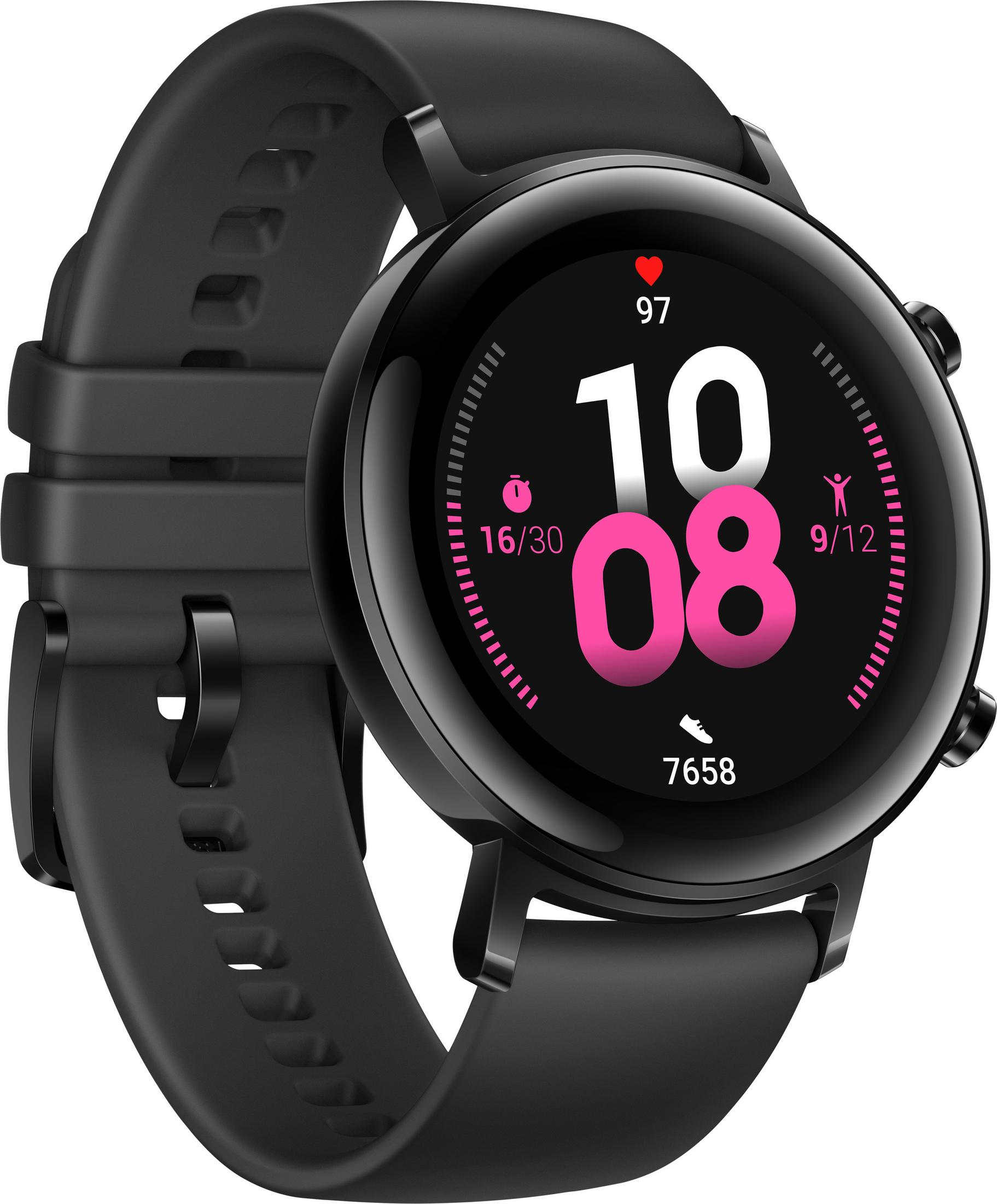 Schwarze Smartwatch mit rundem Display. Das Display zeigt Zeit, Herzfrequenz und Schritte an. Schwarzes Armband.