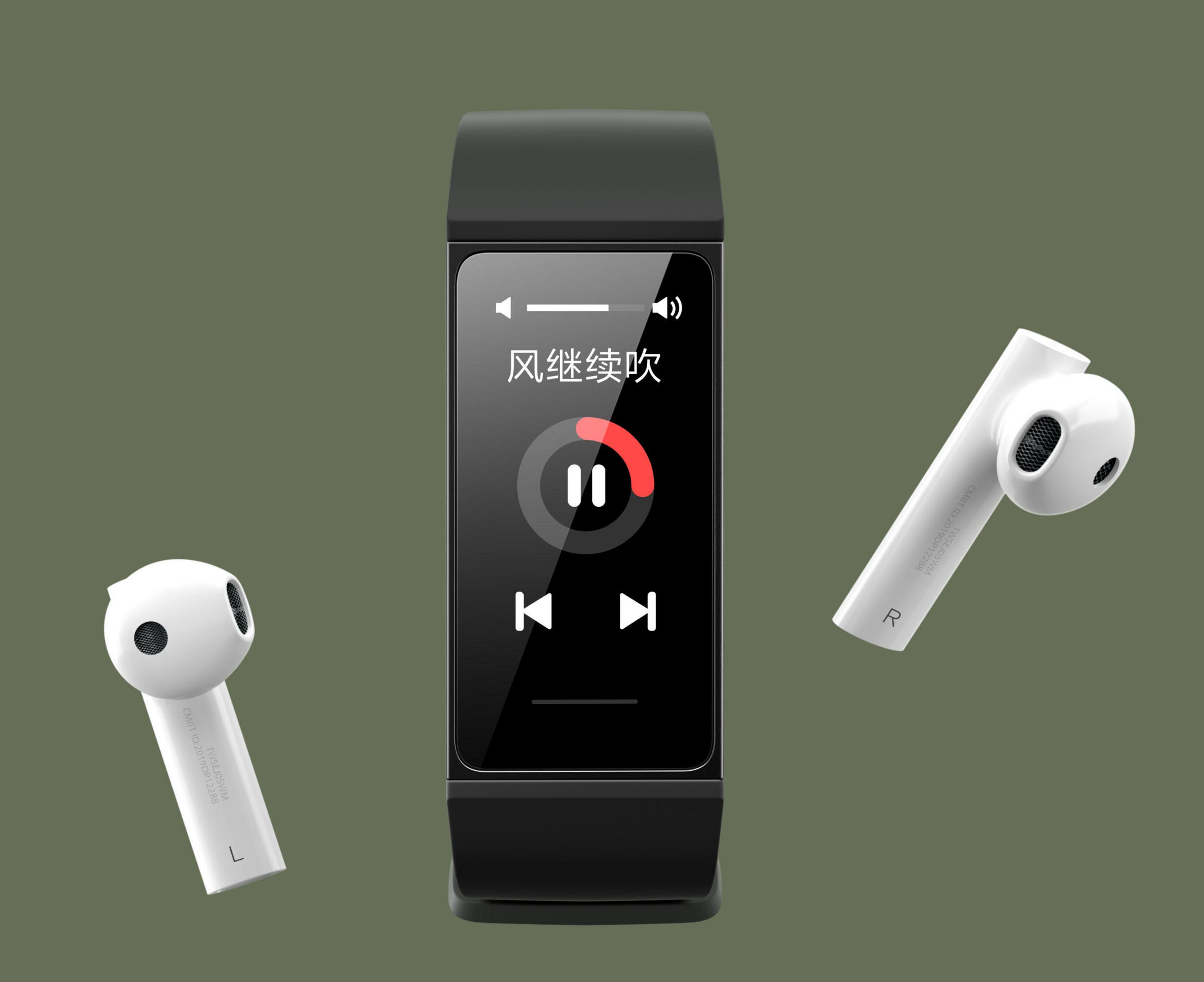 Smartwatch con un'interfaccia di controllo della musica e due auricolari bianchi. Sfondo verde.