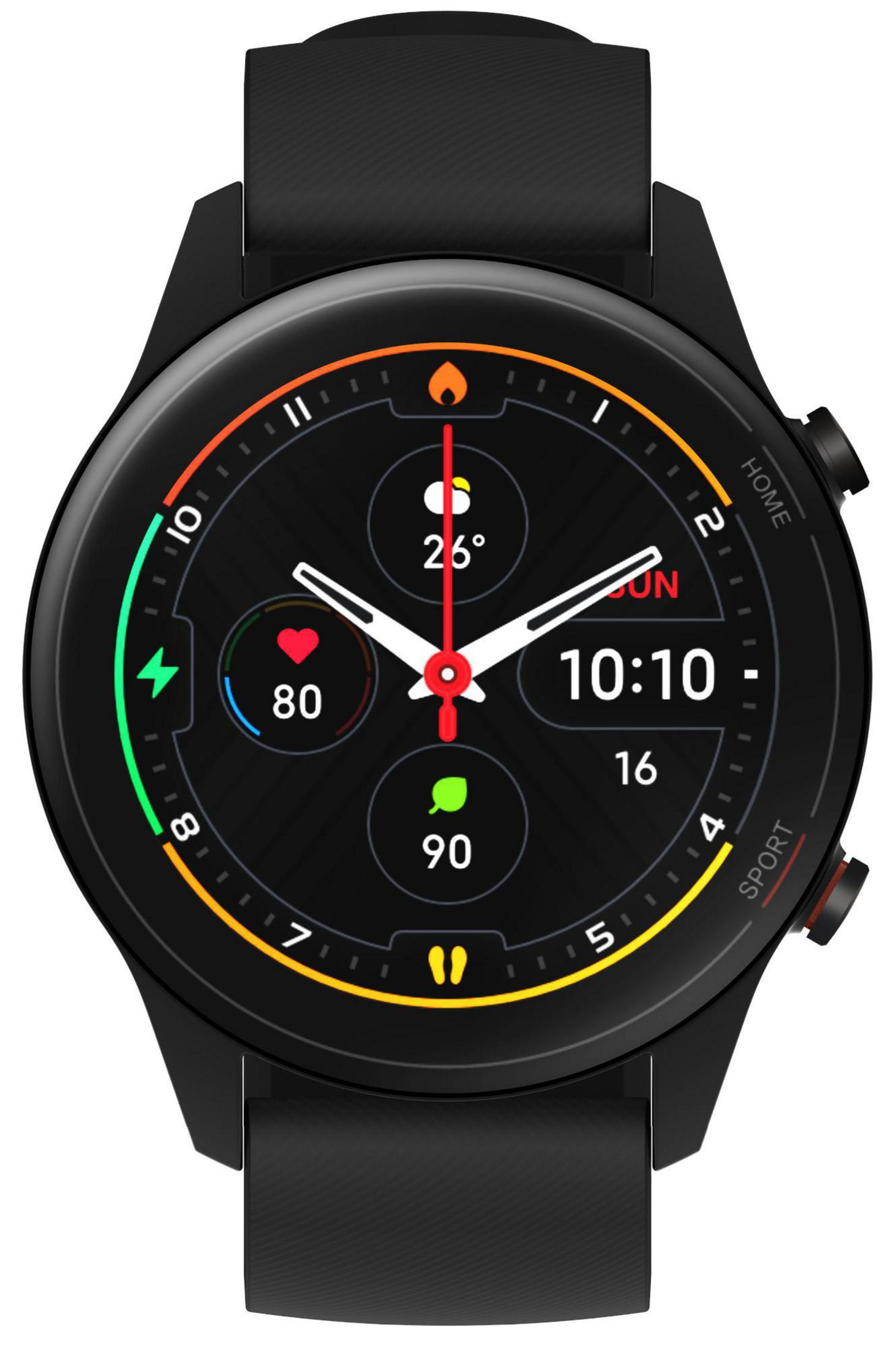 Schwarze Smartwatch mit digitaler Anzeige, die Gesundheits- und Zeitmetriken anzeigt.