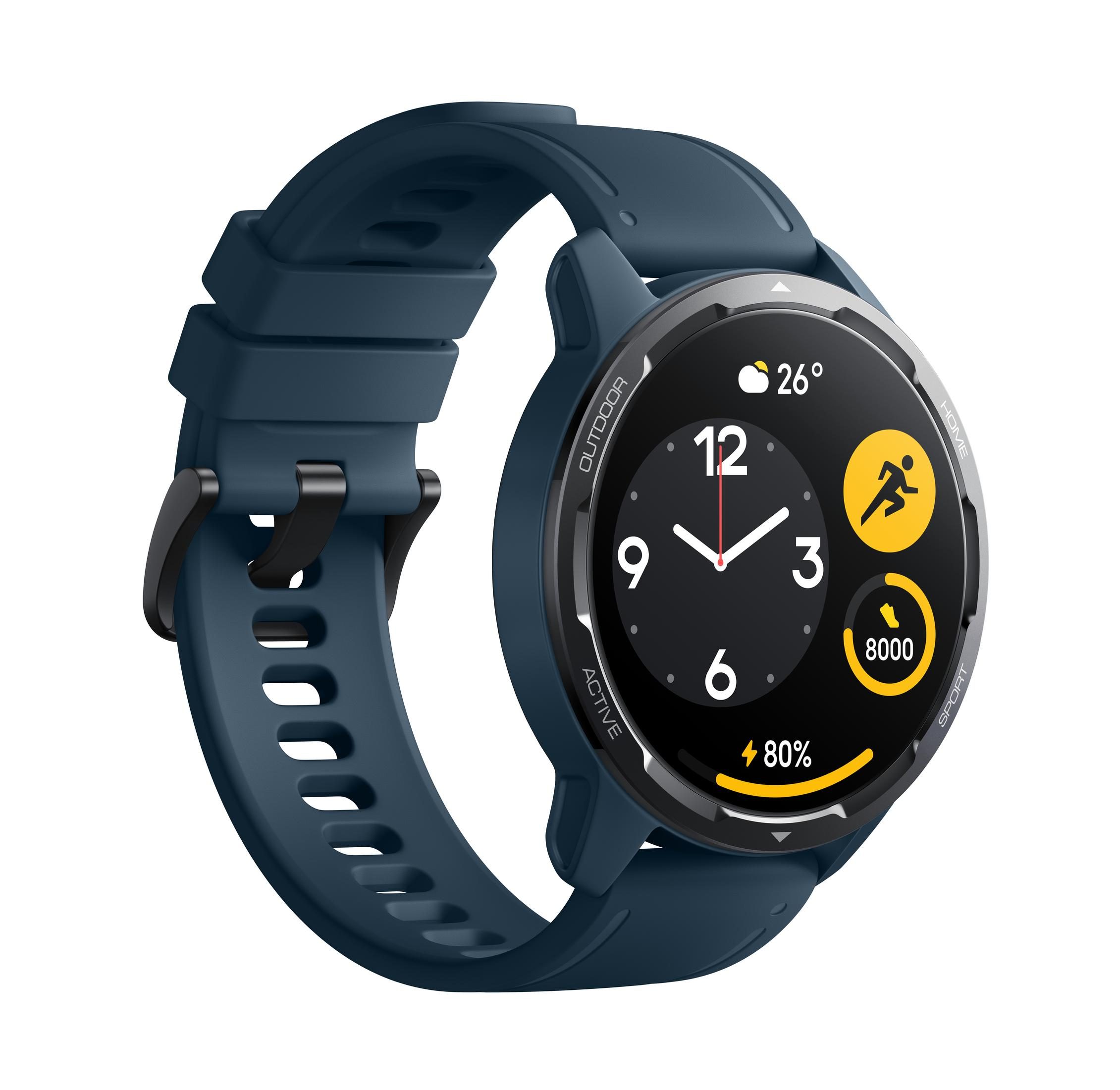 Smartwatch blu con schermo rotondo che mostra ora e icone. Cinturino e fibbia neri.