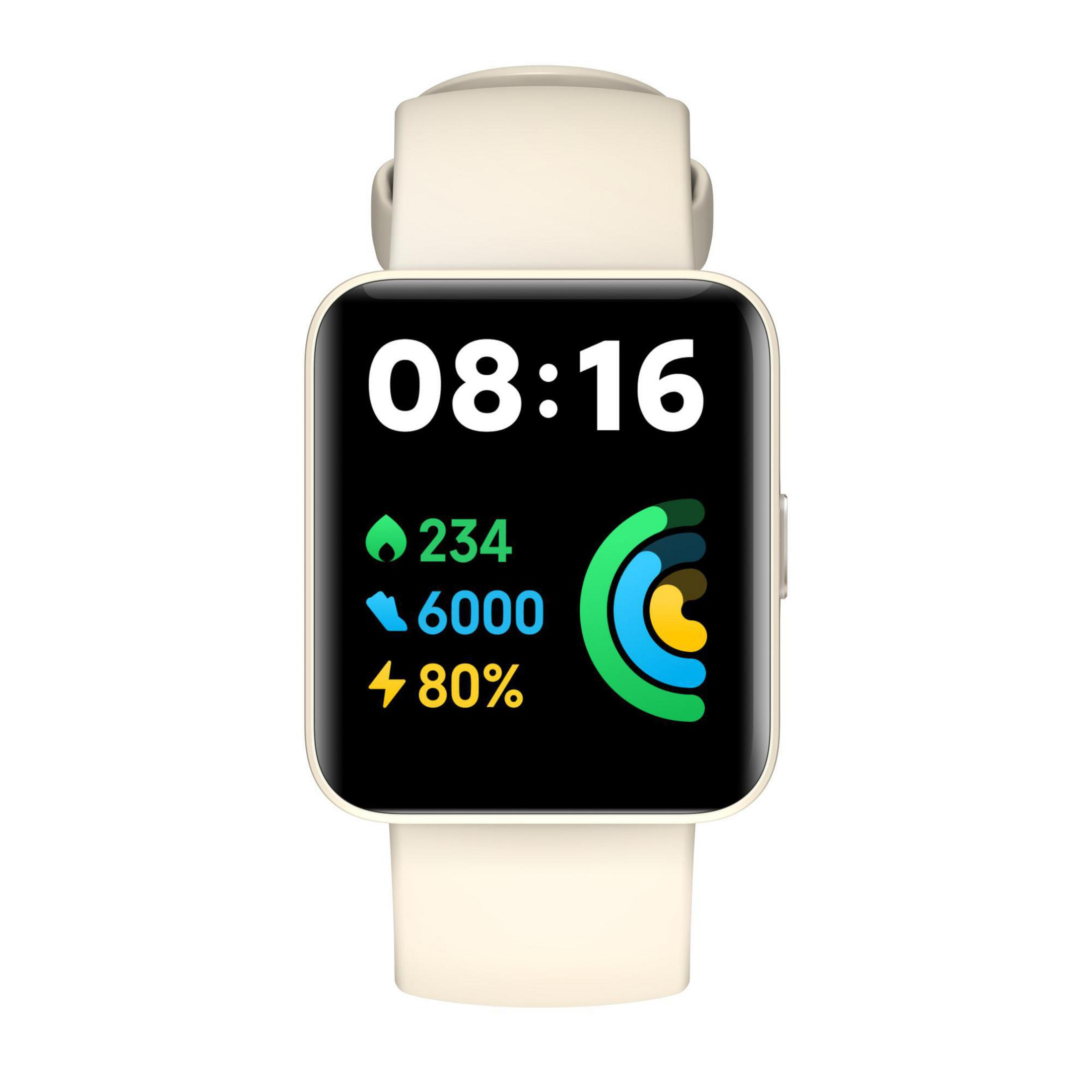 Smartwatch con cinturino color crema che mostra dati: ora, passi, frequenza cardiaca e batteria.