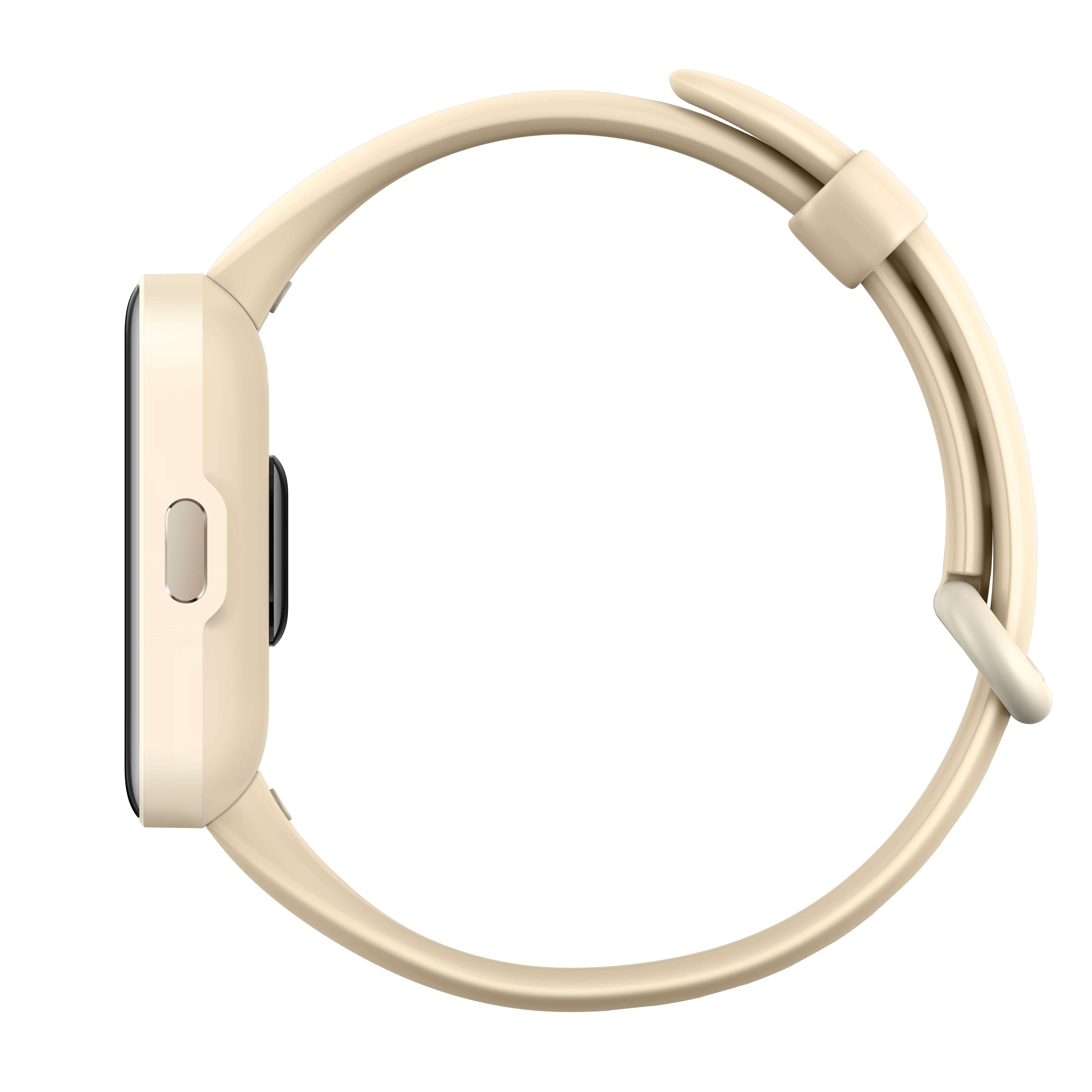 Vista laterale smartwatch, cinturino e cassa color crema, schermo nero, sfondo nero.