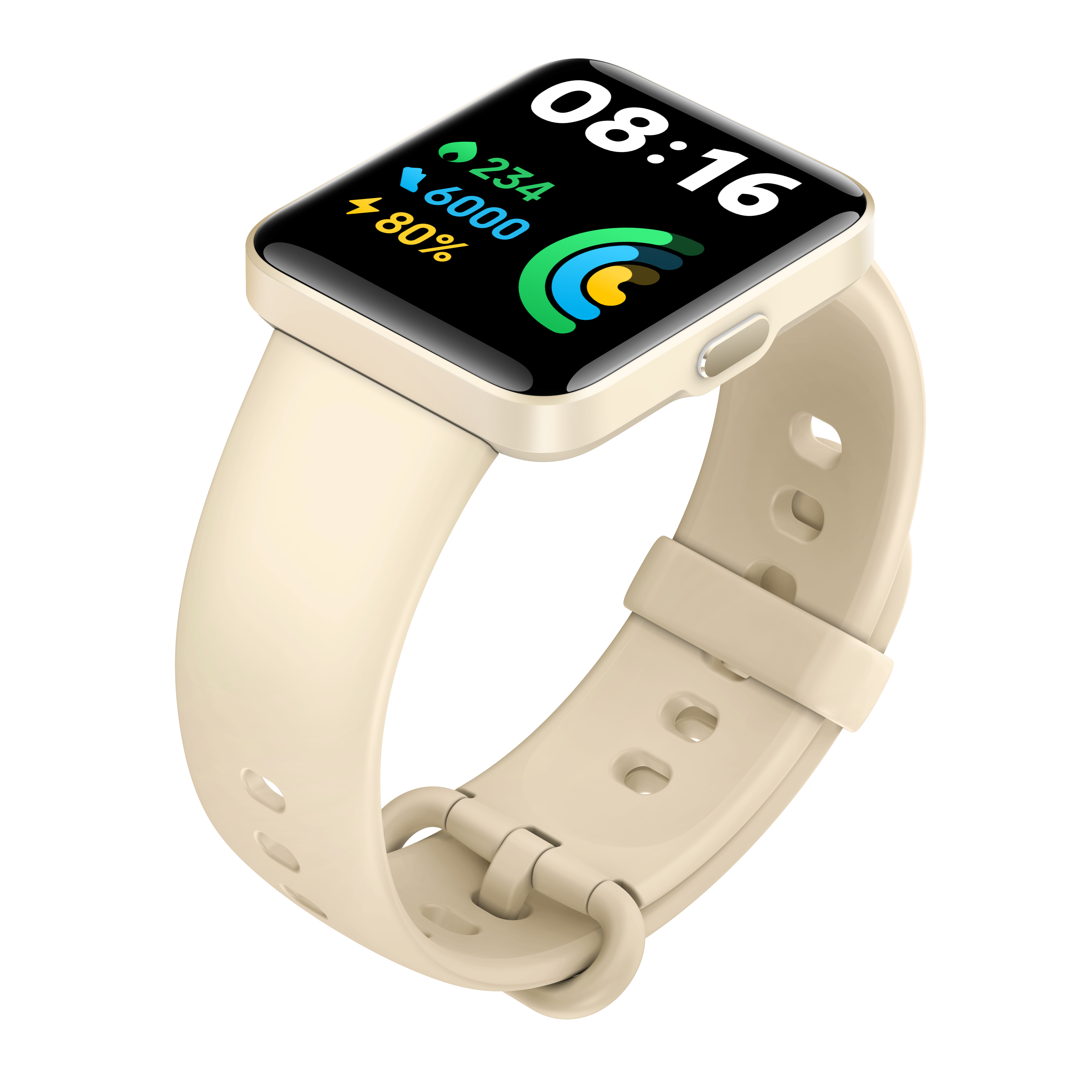 Uno smartwatch beige con cinturino beige. Lo schermo mostra l'ora e le metriche di salute.