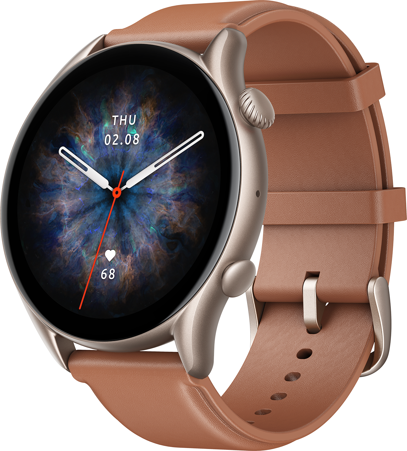 Un reloj inteligente con correa marrón, que muestra la fecha, hora y frecuencia cardíaca.