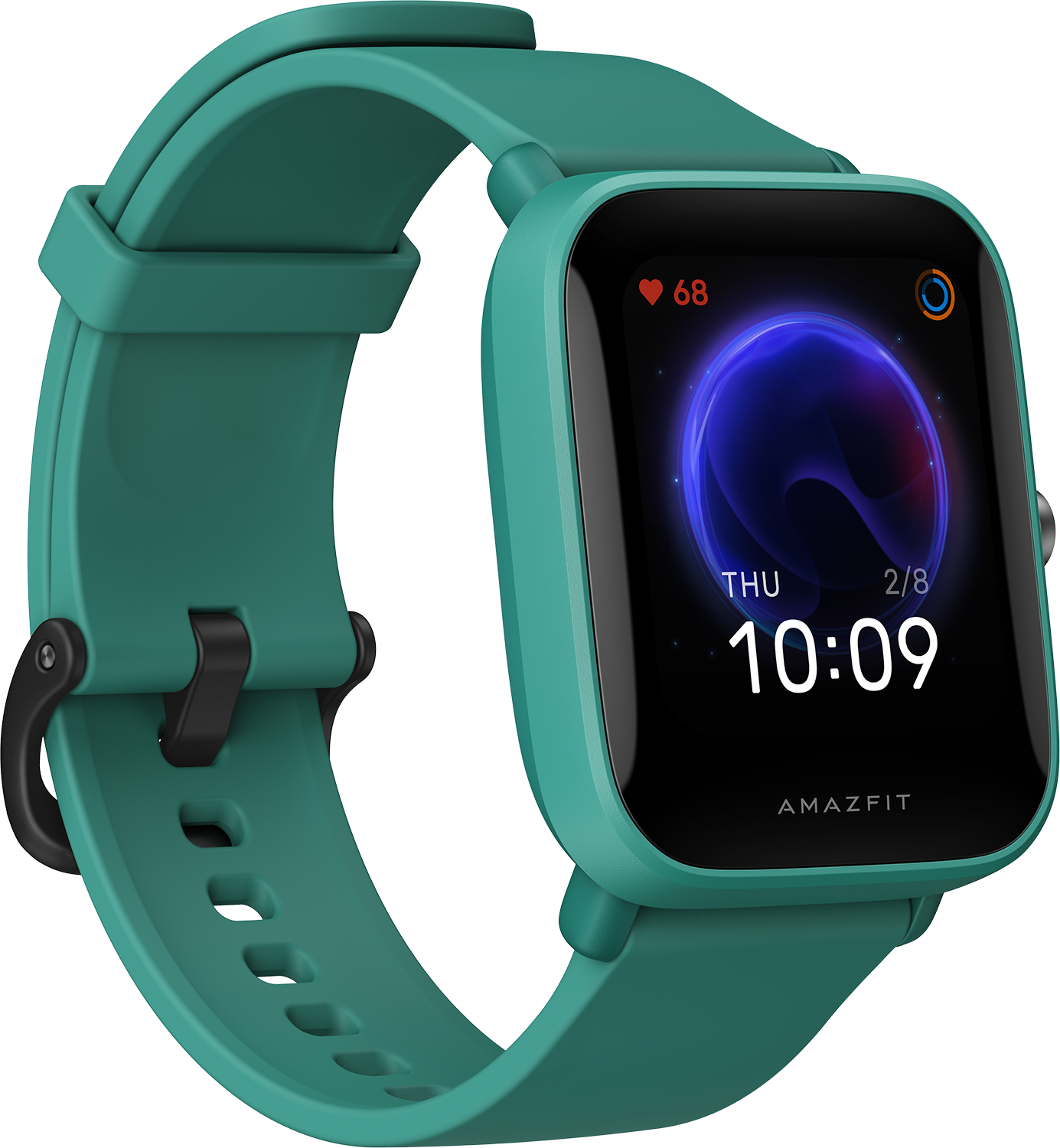 Smartwatch Amazfit verde con display digitale che mostra ora, data, frequenza cardiaca.