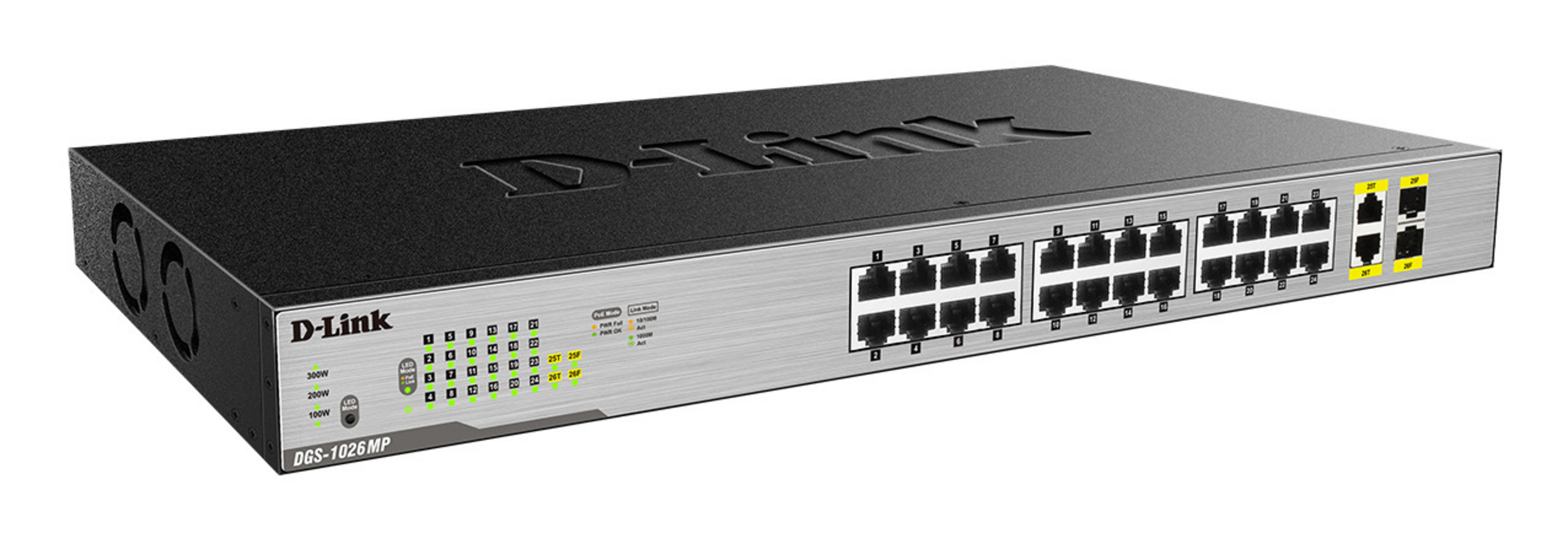 Switch di rete D-Link nero. Porte multiple, luci LED e parte superiore argentata. Sfondo bianco.