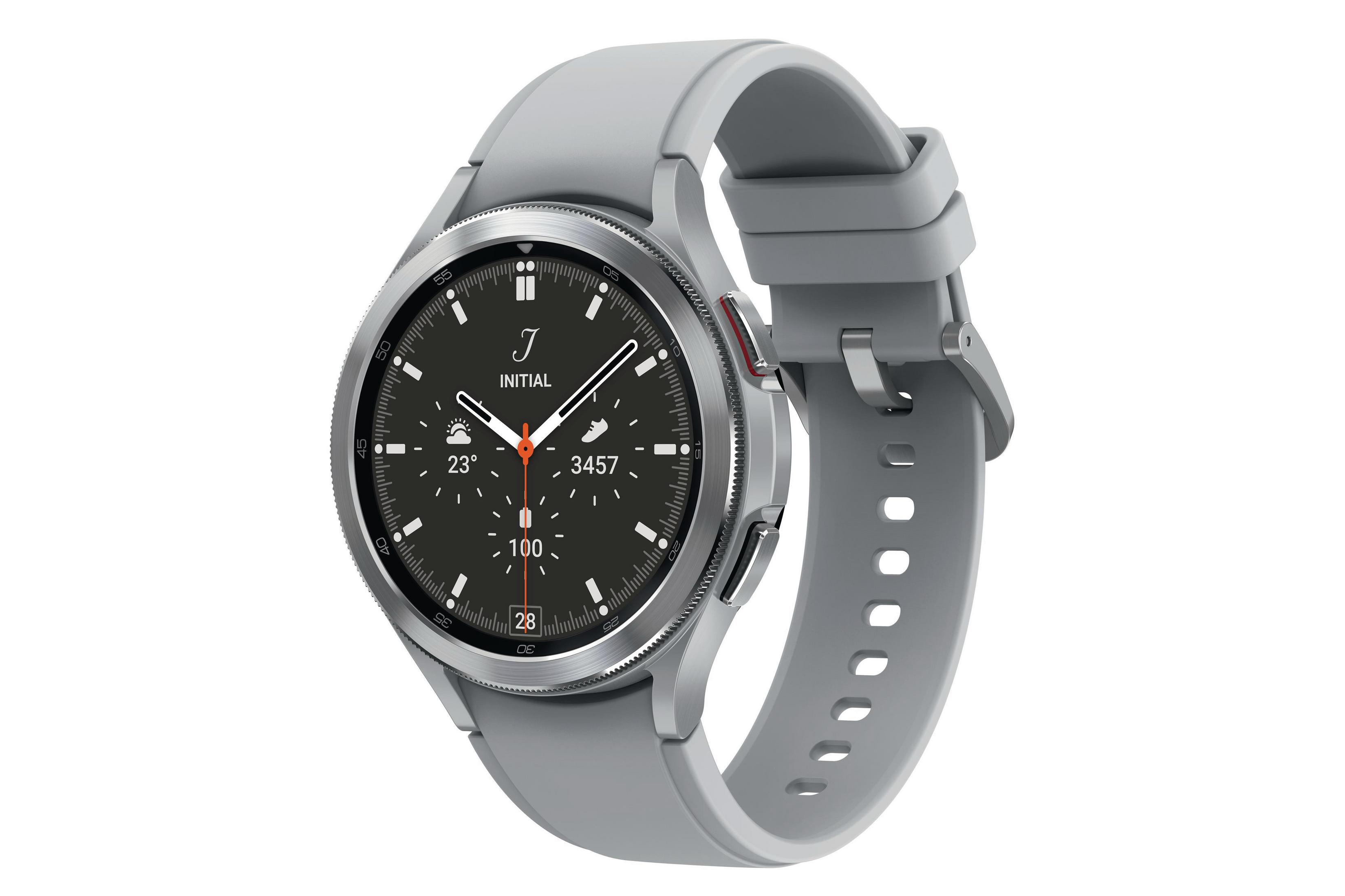 Smartwatch Samsung argento con display digitale che mostra ora e dati.