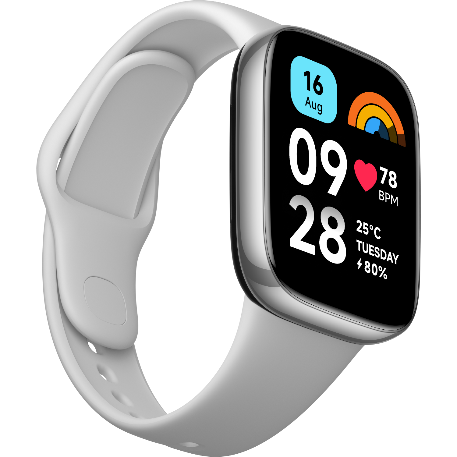 Weiße Smartwatch mit grauem Armband. Bildschirm zeigt Zeit, Datum, Herzfrequenz und Akkustand. Schwarzer Hintergrund.