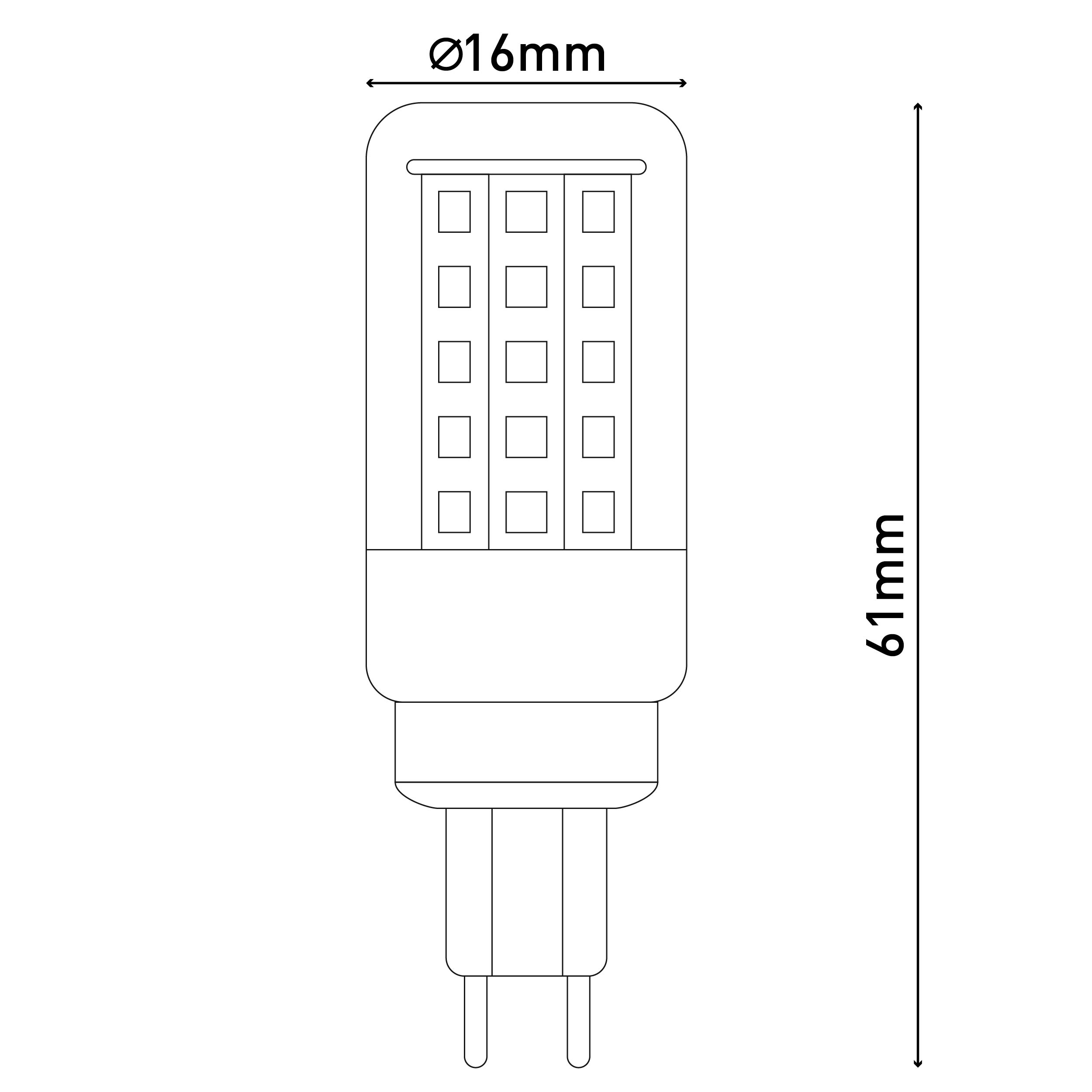 Eine Strichzeichnung einer rechteckigen LED-Glühbirne mit Abmessungen in mm und Ø16mm.