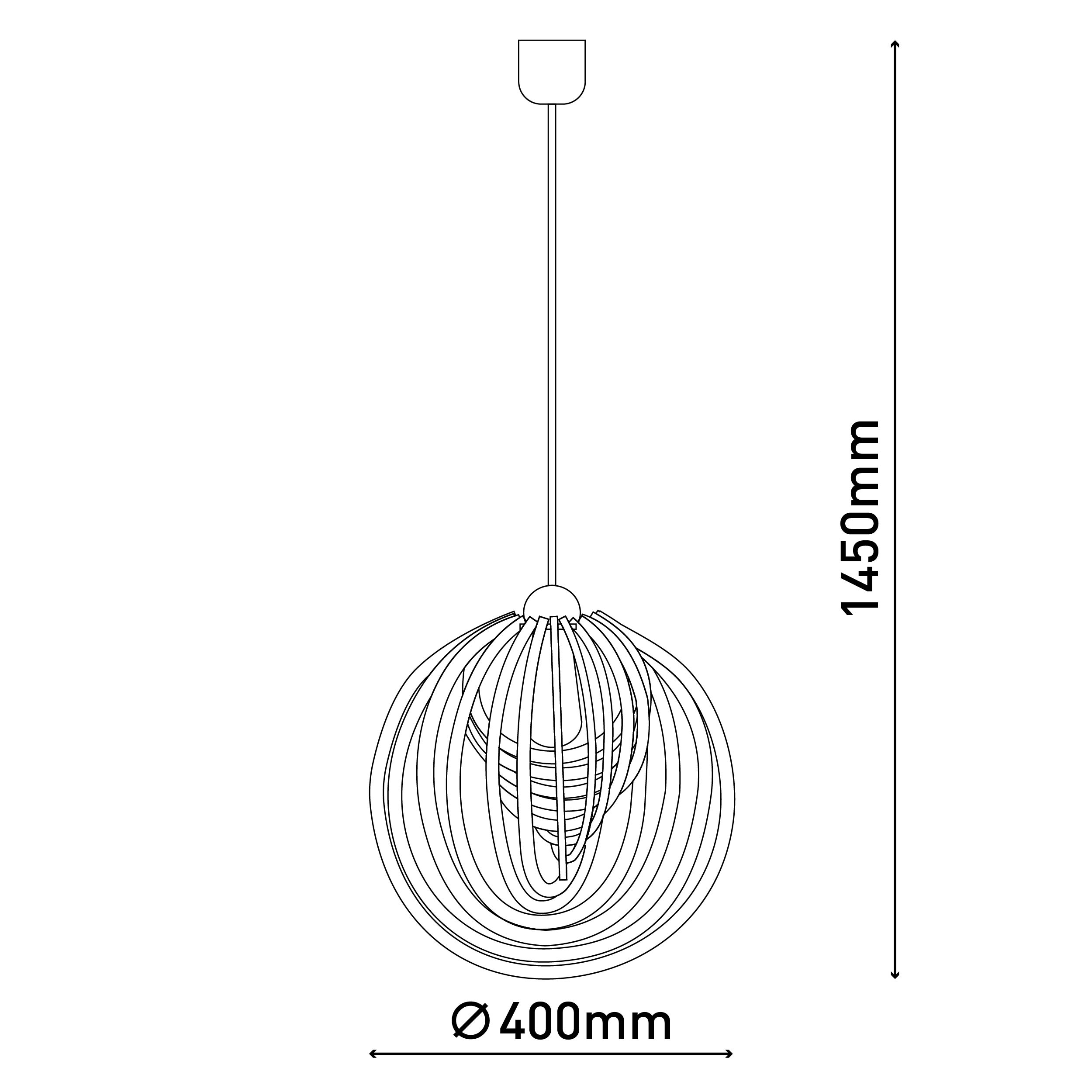 Eine schwarze Strichzeichnung einer Hängelampe. Die Lampe ist rund und hat ein Drahtrahmen-Design. Sie ist 1450 mm lang.