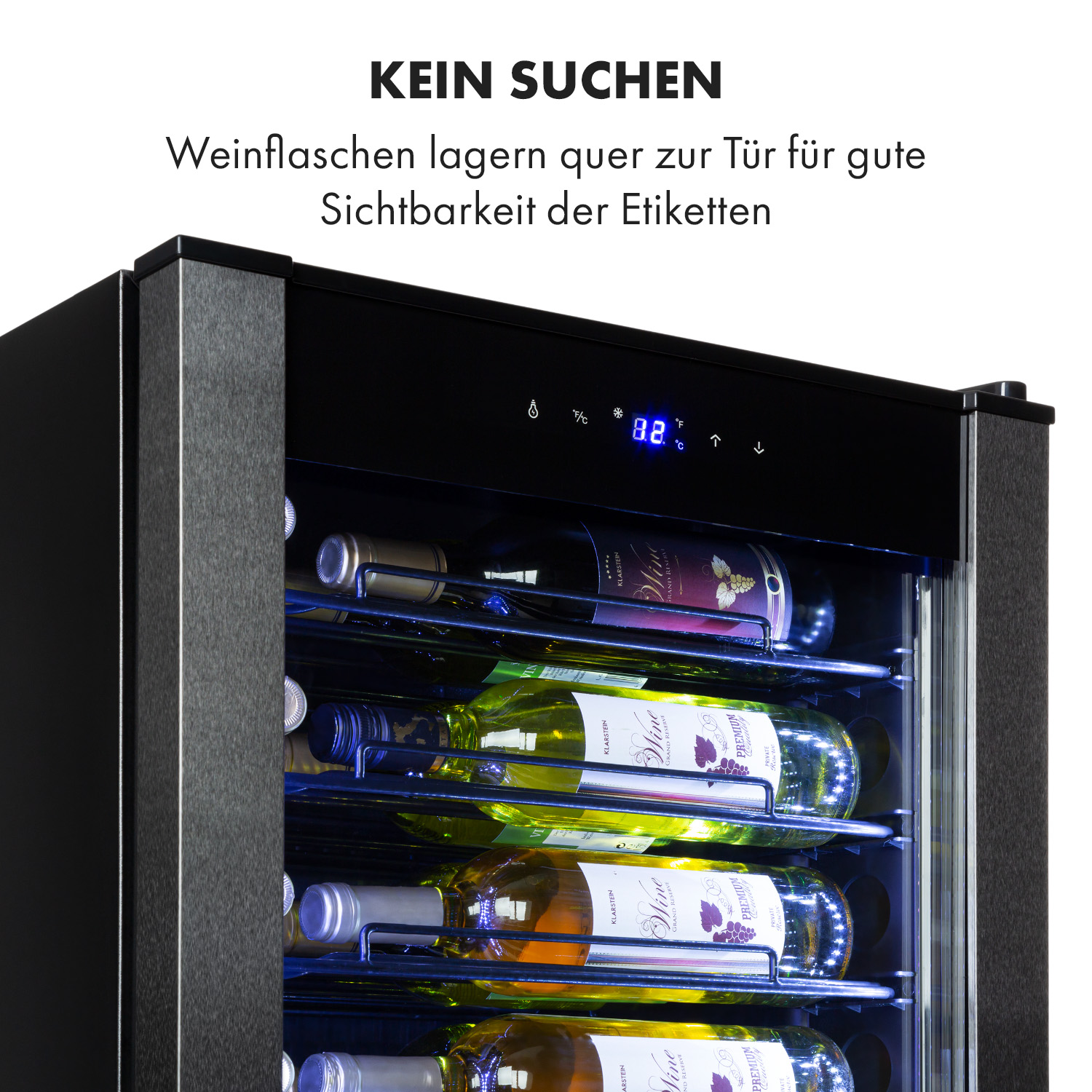 Una cantinetta con bottiglie di vino all'interno, con un display digitale in alto.