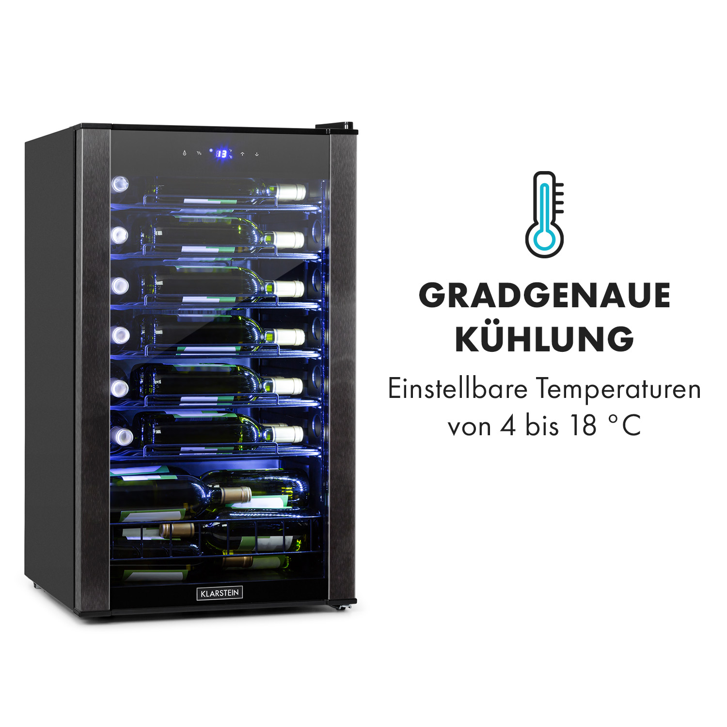 Un refrigeratore per vino con bottiglie all'interno e un display della temperatura. Il testo dice "Gradgenaue Kühlung".