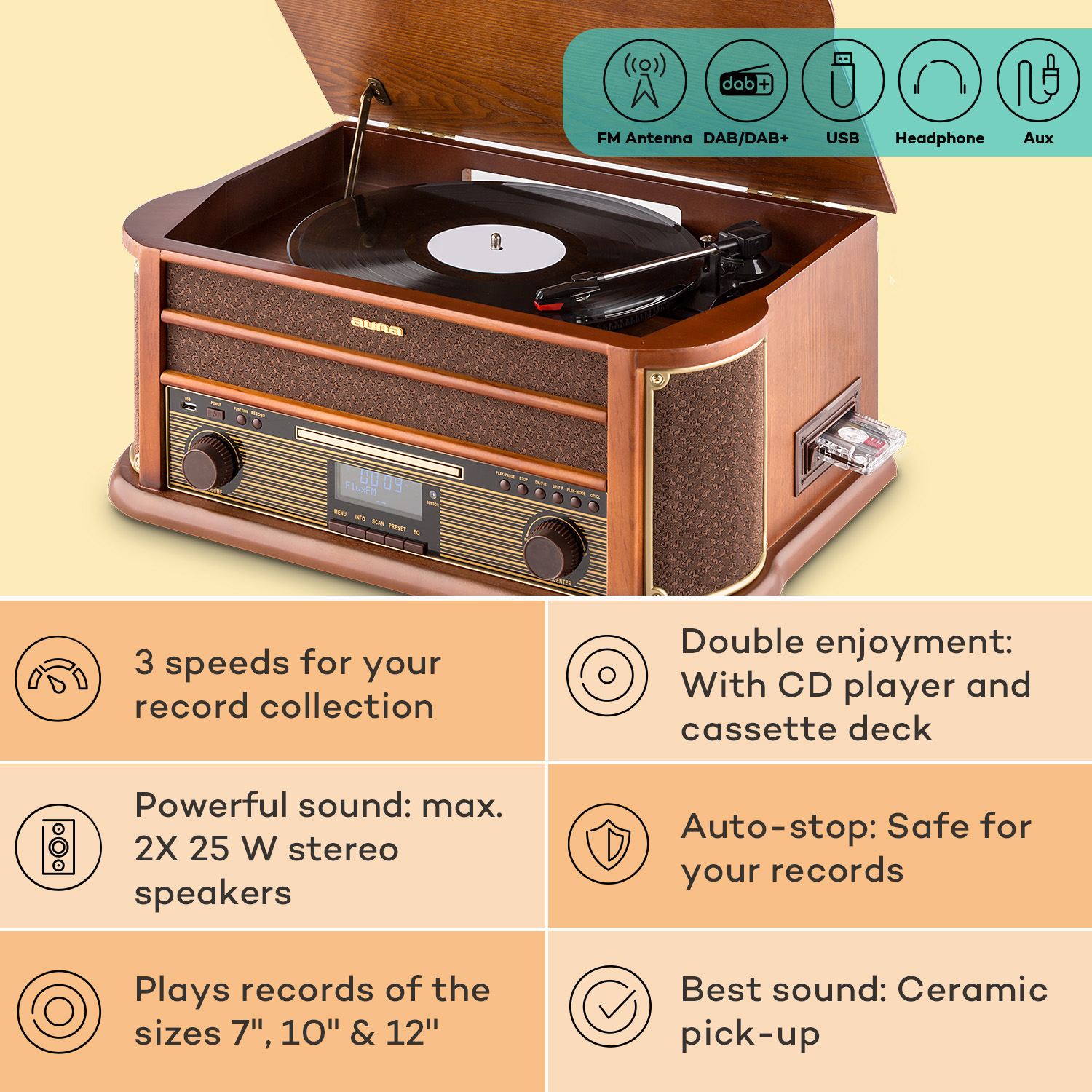 Retro-Plattenspieler aus Holz mit CD-Player und Kassettendeck. Inklusive Lautsprecher und Bedientasten.
