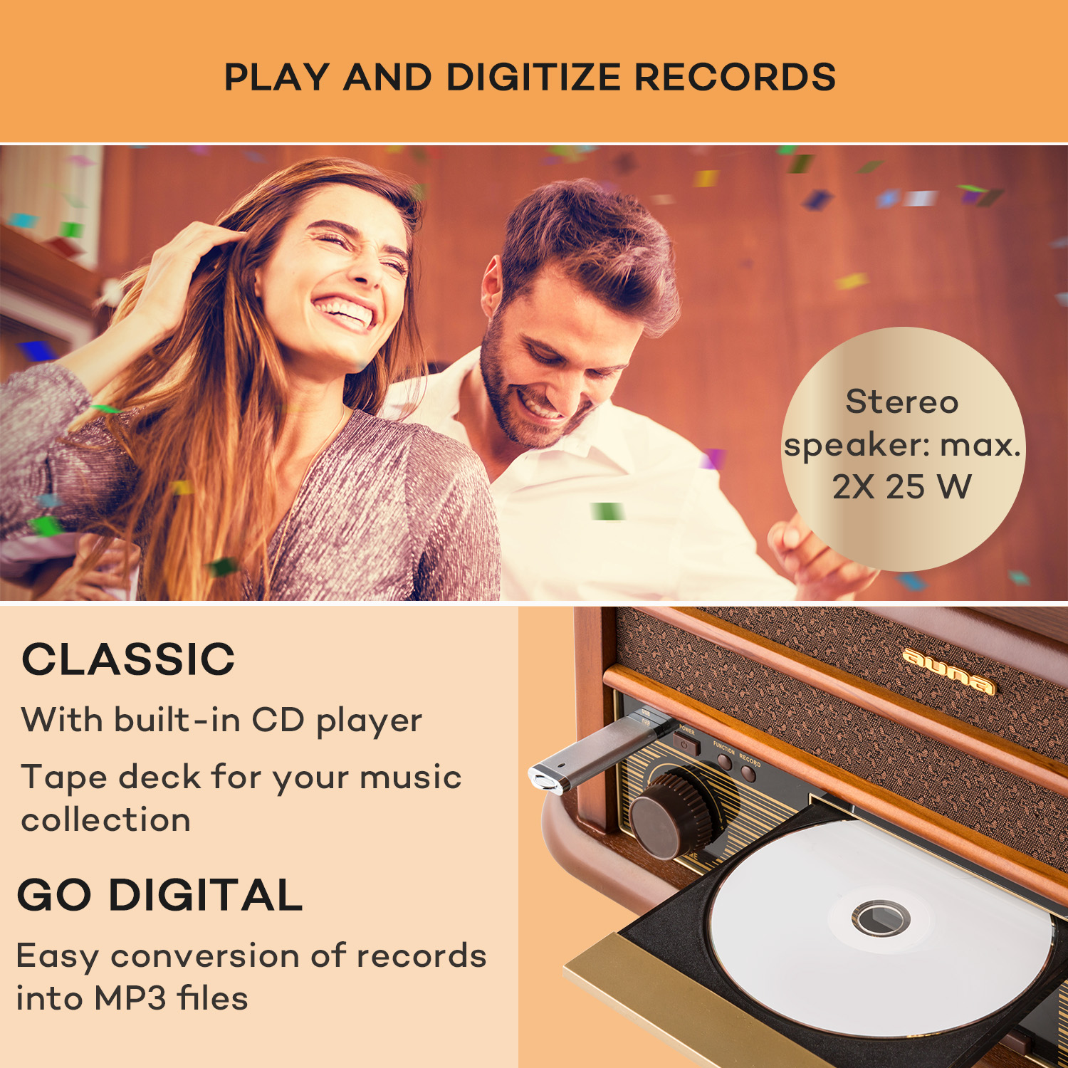 Ein Paar tanzt und lächelt. Text: Spiele und digitalisiere Schallplatten.
