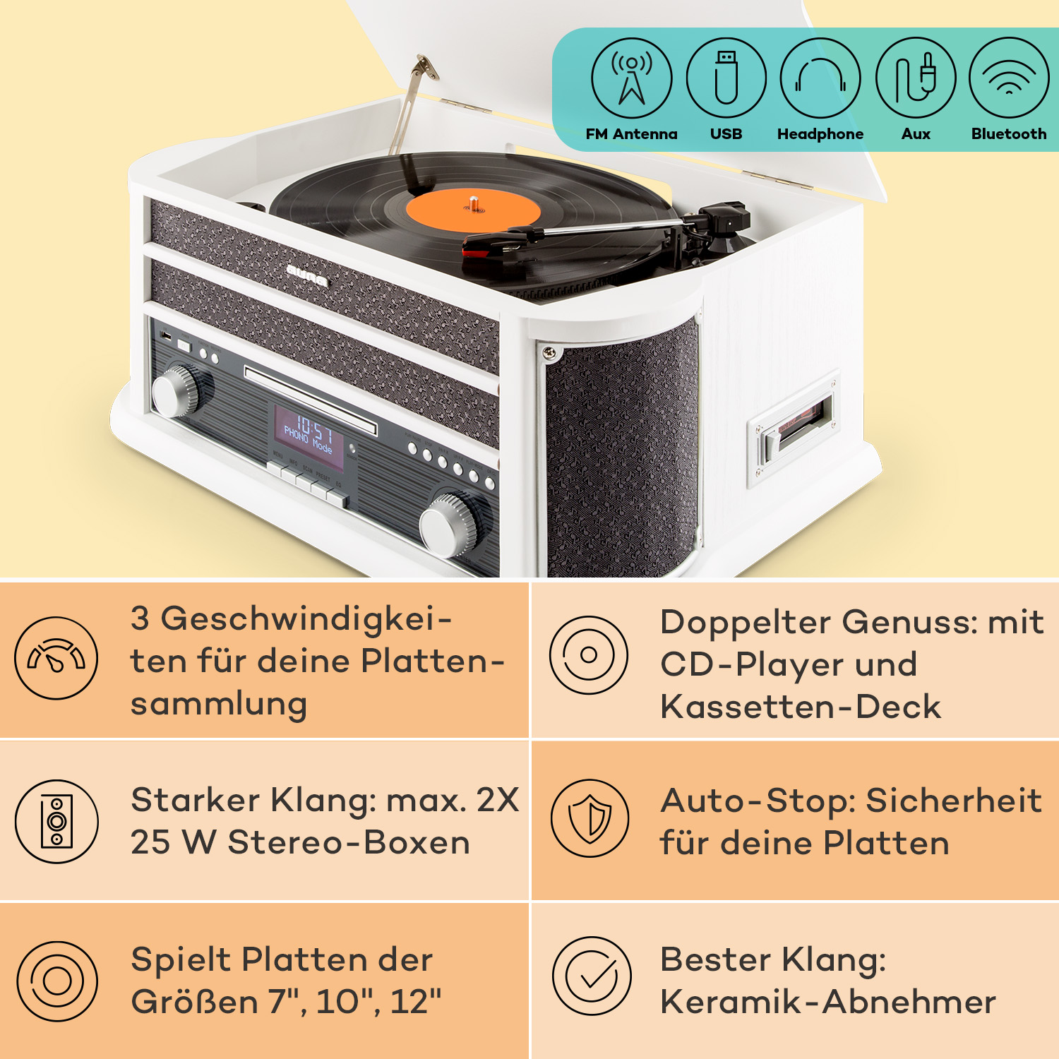Weißer Plattenspieler mit Textaufschriften. Er hat eine schwarze Schallplatte und ein Diagramm der Funktionen.