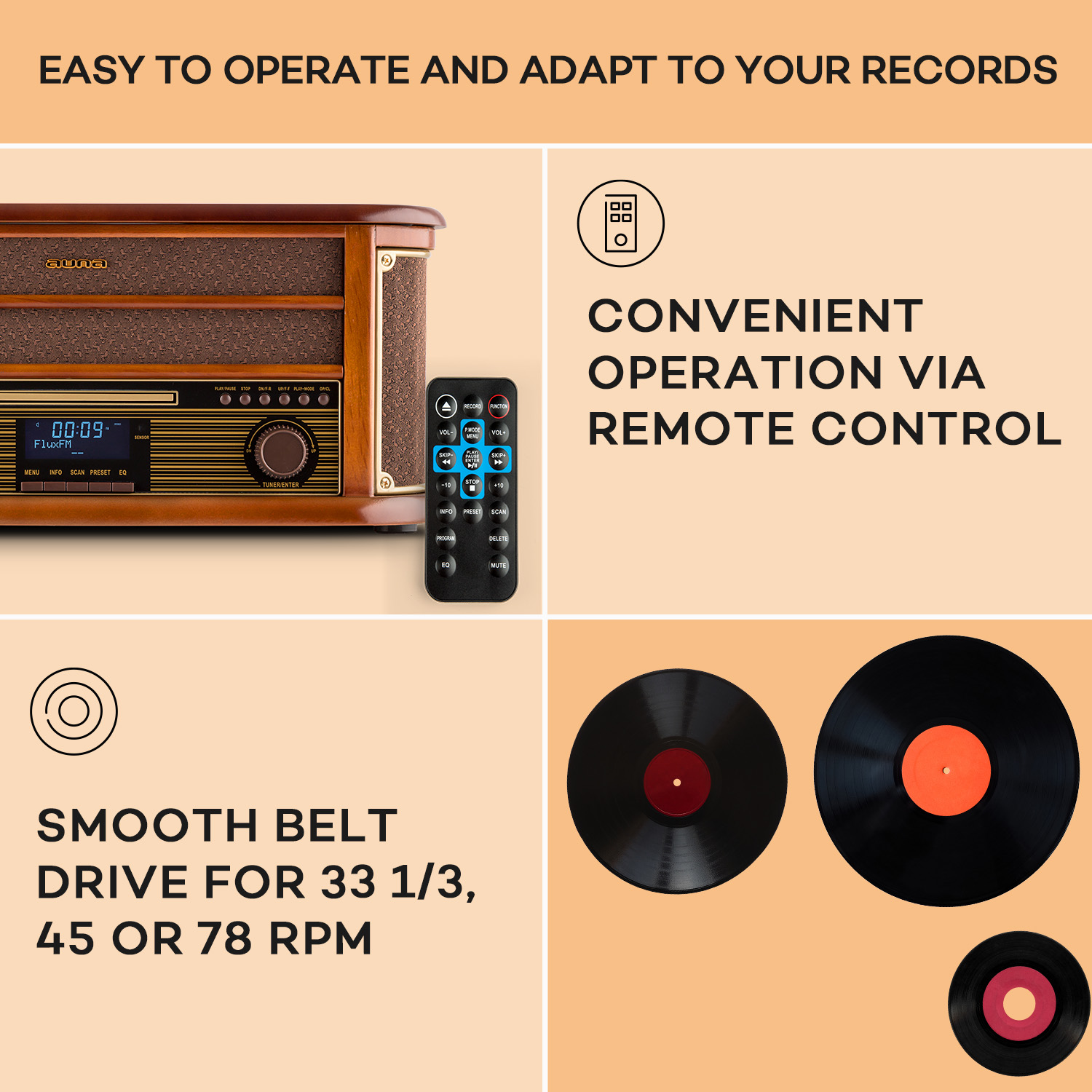 Ein Holzradio mit Fernbedienung, Schallplatten und zugehörigem Text.