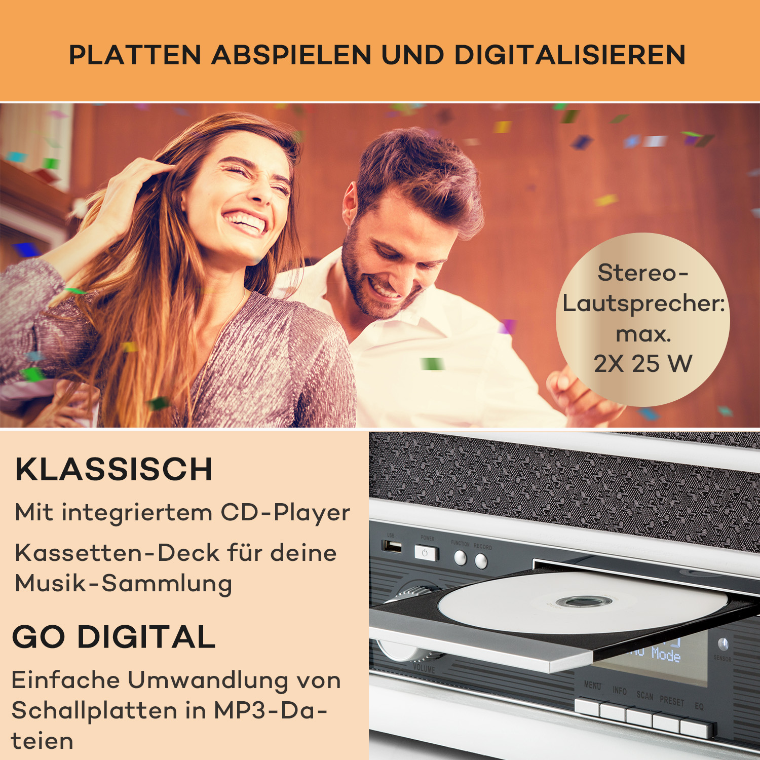 Ein Mann und eine Frau lächeln, mit einem Plattenspieler unten rechts. Text: 'PLATTEN ABSPIELEN UND DIGITALISIEREN'.