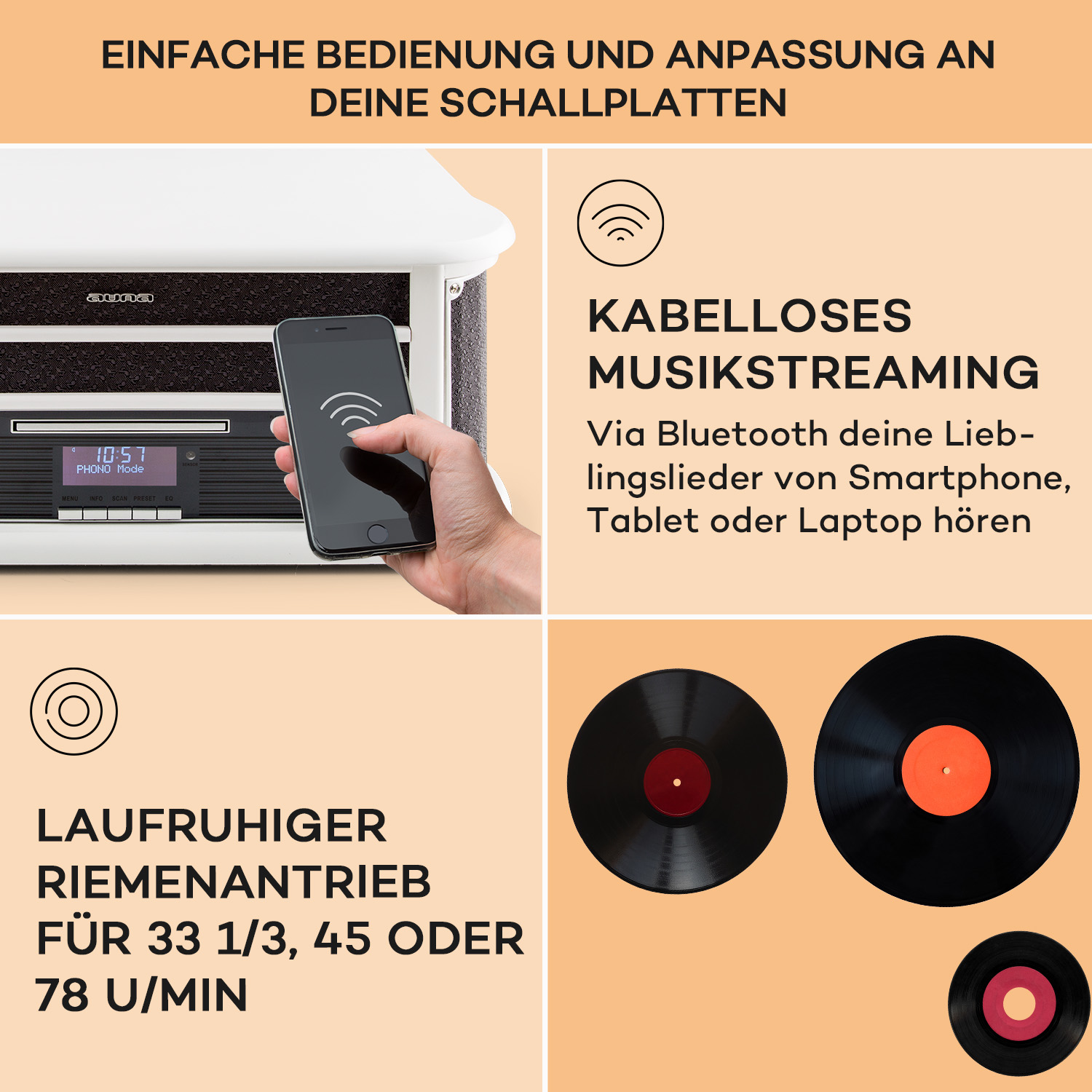 Diagramm, das ein Telefon zeigt, das sich mit einem Plattenspieler verbindet, mit Schallplatten.