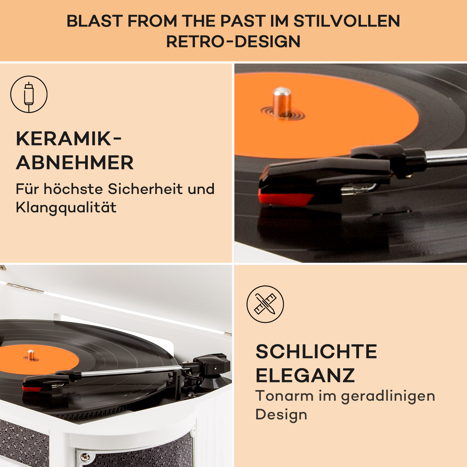 Nahaufnahme eines Plattenspielers mit Textbeschreibungen.